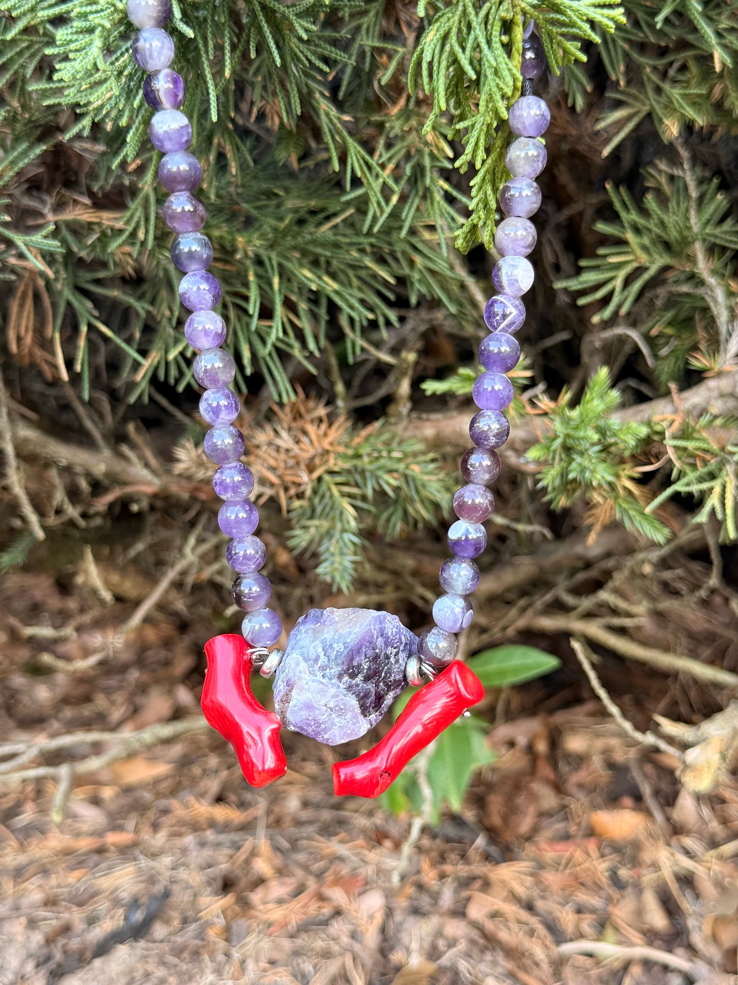 Raw Amethyst - Amethyst - Natural Coral Bohemian Necklace