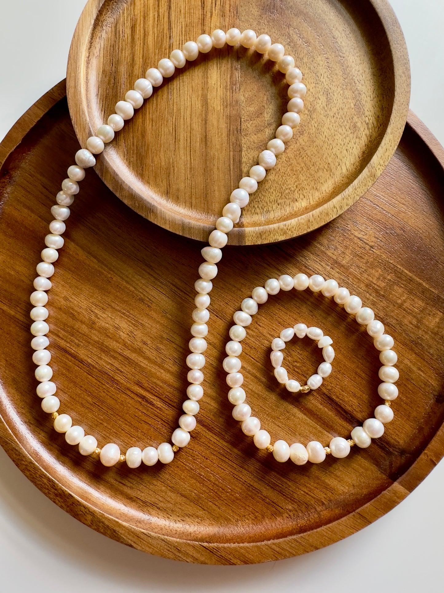 Freshwater Pearl Necklace-Bracelet-Ring Set w/ Gold 21-K spacers