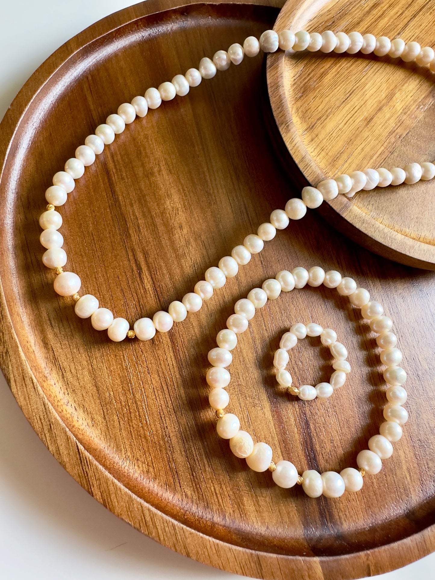 Freshwater Pearl Necklace-Bracelet-Ring Set w/ Gold 21-K spacers