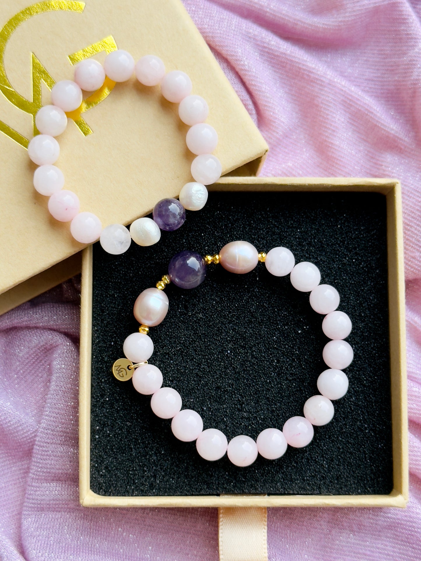 Rose Quartz - Natural Pearl - Amethyst Mother and Daughter Bracelet Set