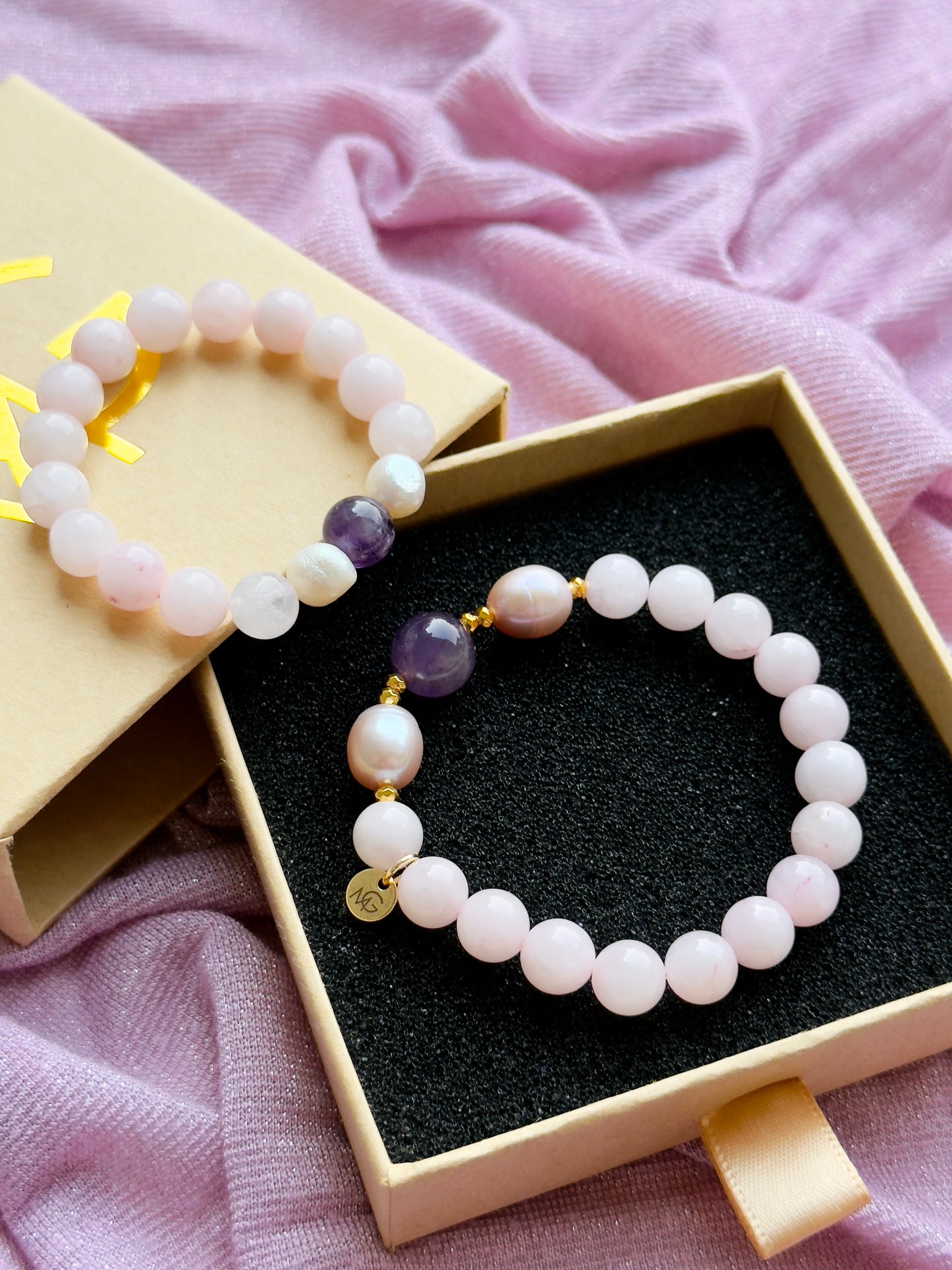 Rose Quartz - Natural Pearl - Amethyst Mother and Daughter Bracelet Set