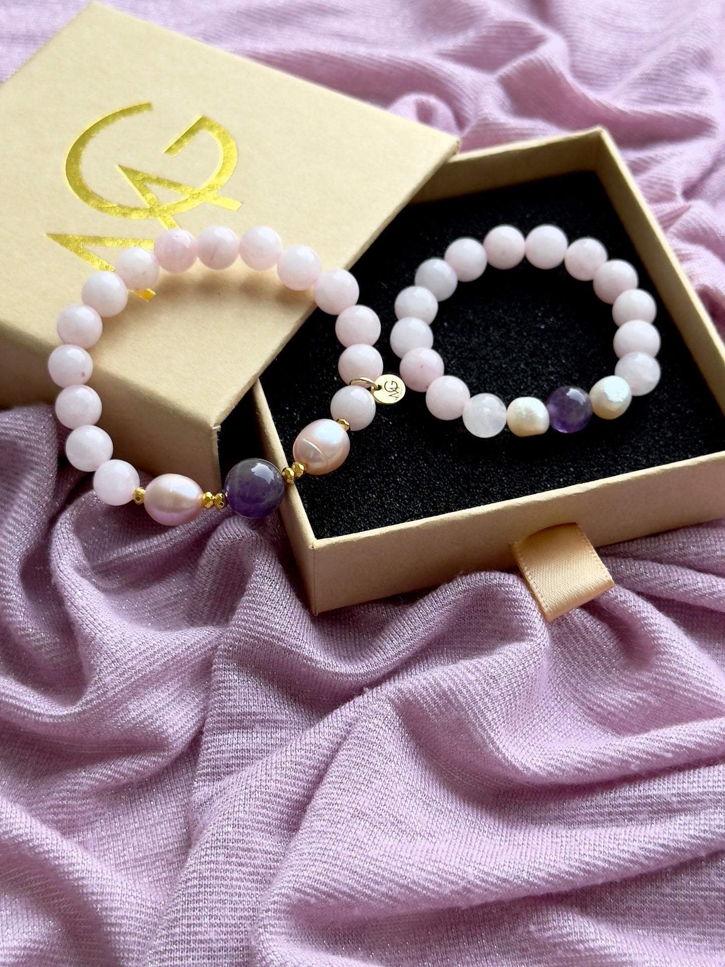 Rose Quartz - Natural Pearl - Amethyst Mother and Daughter Bracelet Set
