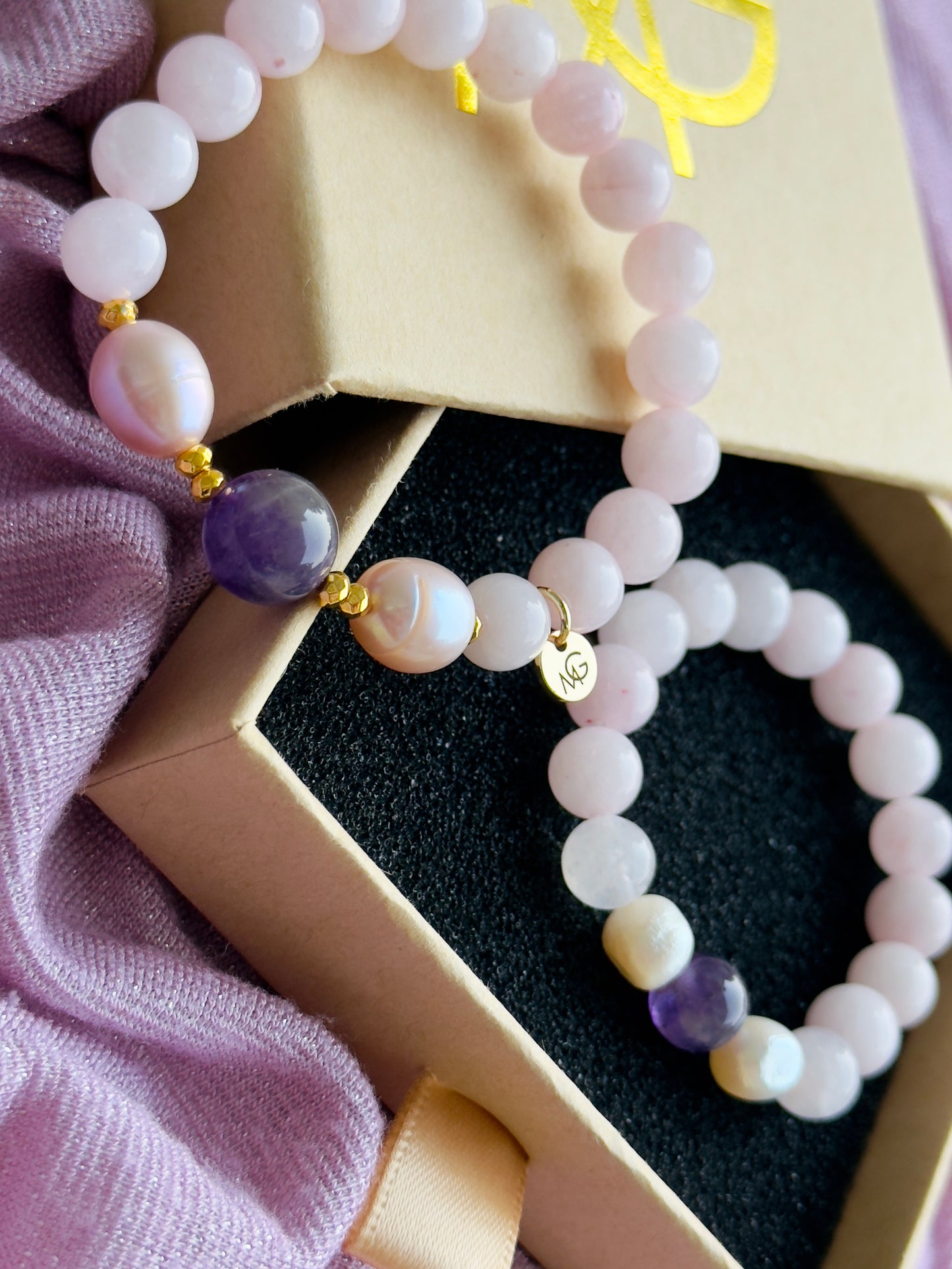 Rose Quartz - Natural Pearl - Amethyst Mother and Daughter Bracelet Set