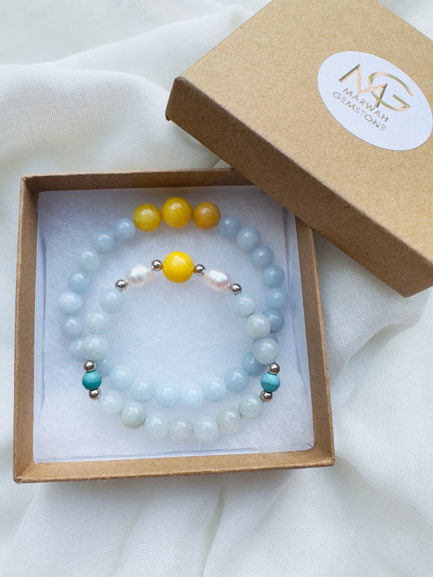 Aquamarine-Pearl-Yellow Amber-Tuquoise Mum and daughter bracelet set