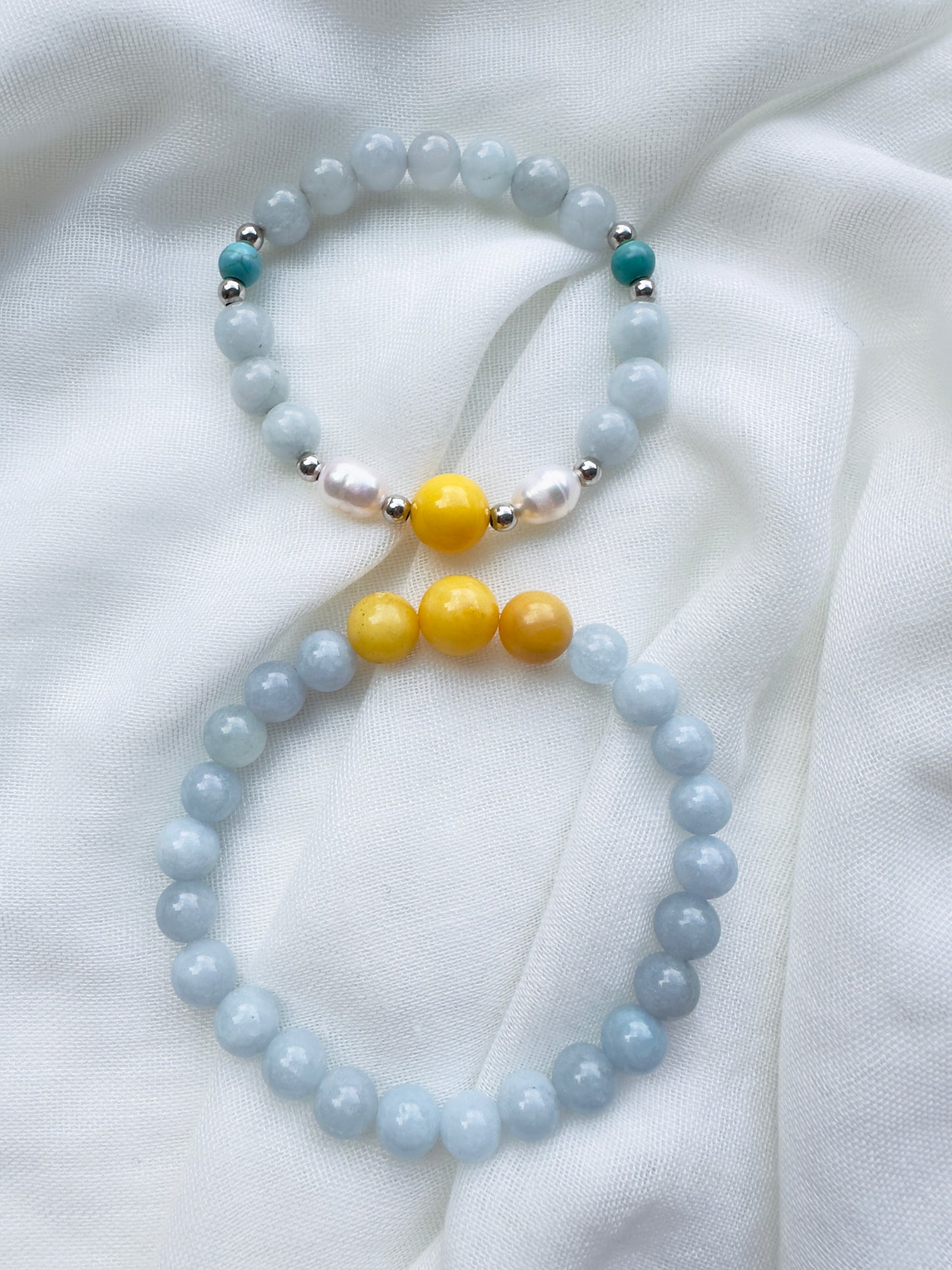 Aquamarine-Pearl-Yellow Amber-Tuquoise Mum and daughter bracelet set