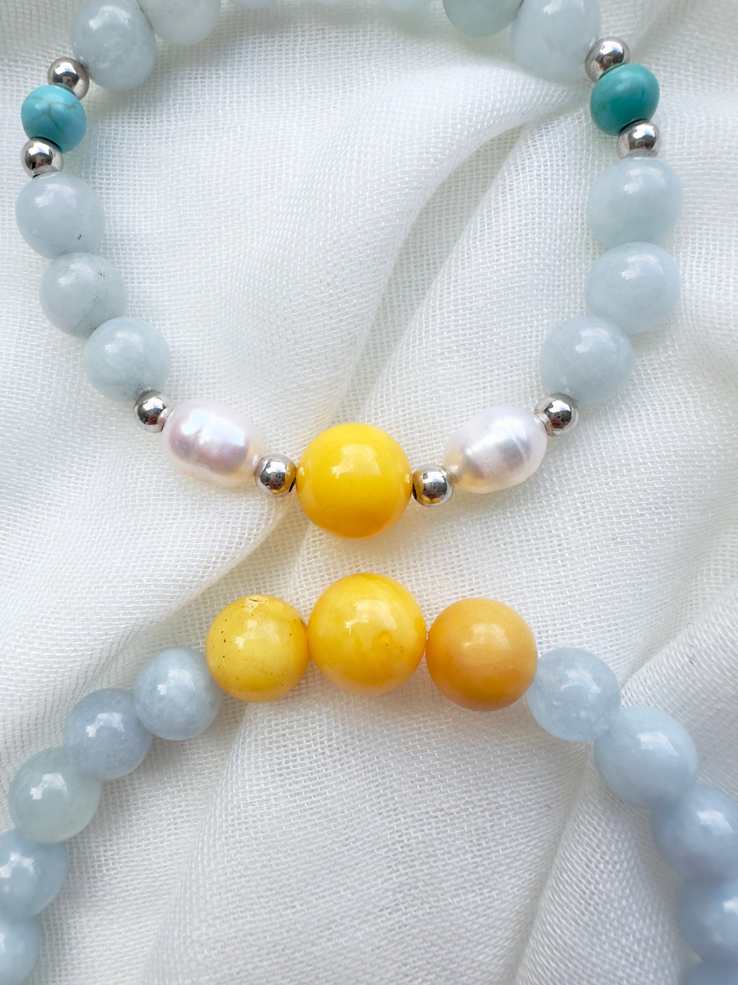 Aquamarine-Pearl-Yellow Amber-Tuquoise Mum and daughter bracelet set