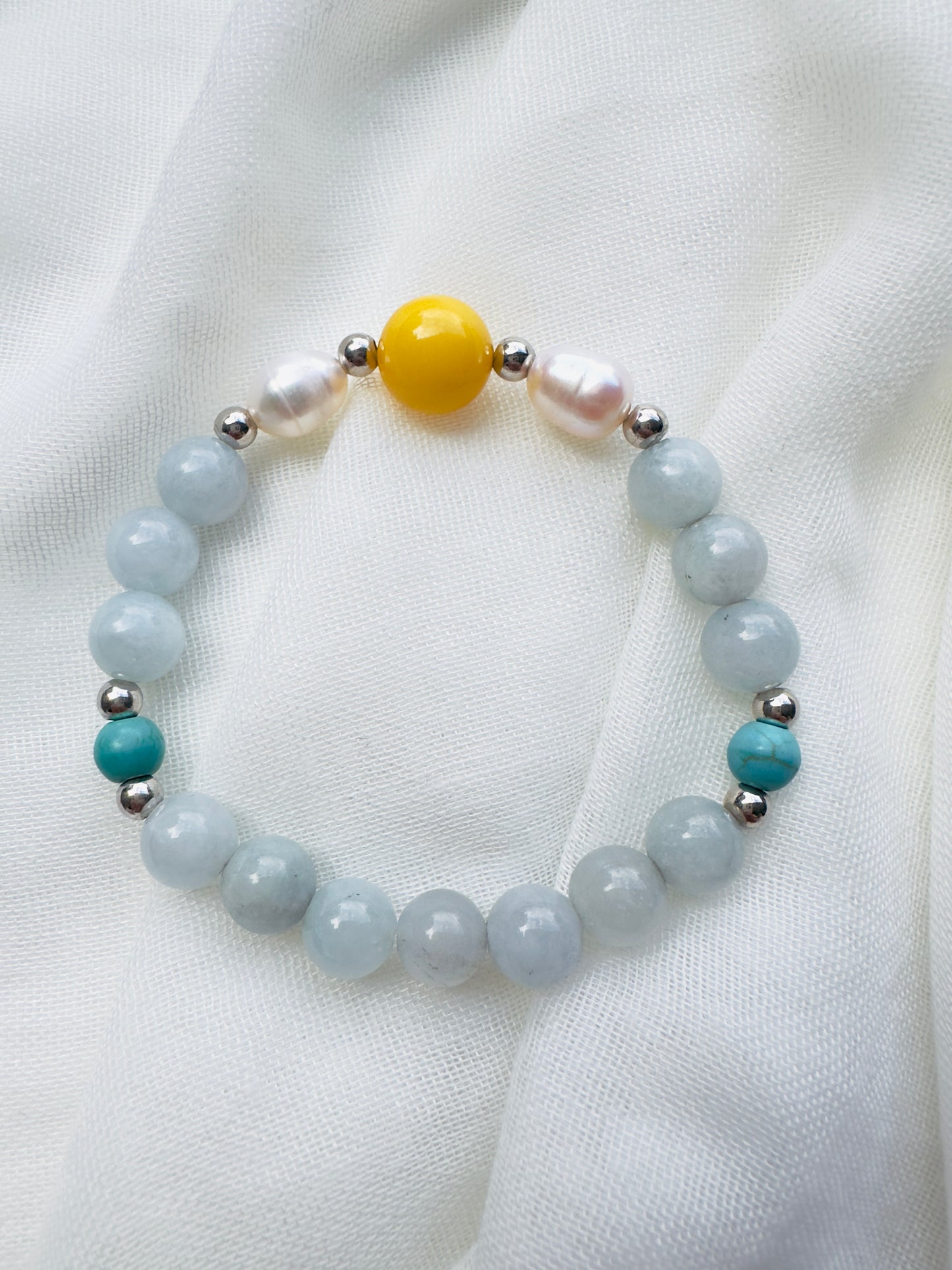 Aquamarine - Natural Pearl - Yellow Amber - Turquoise Mum + Daughter Bracelet Set