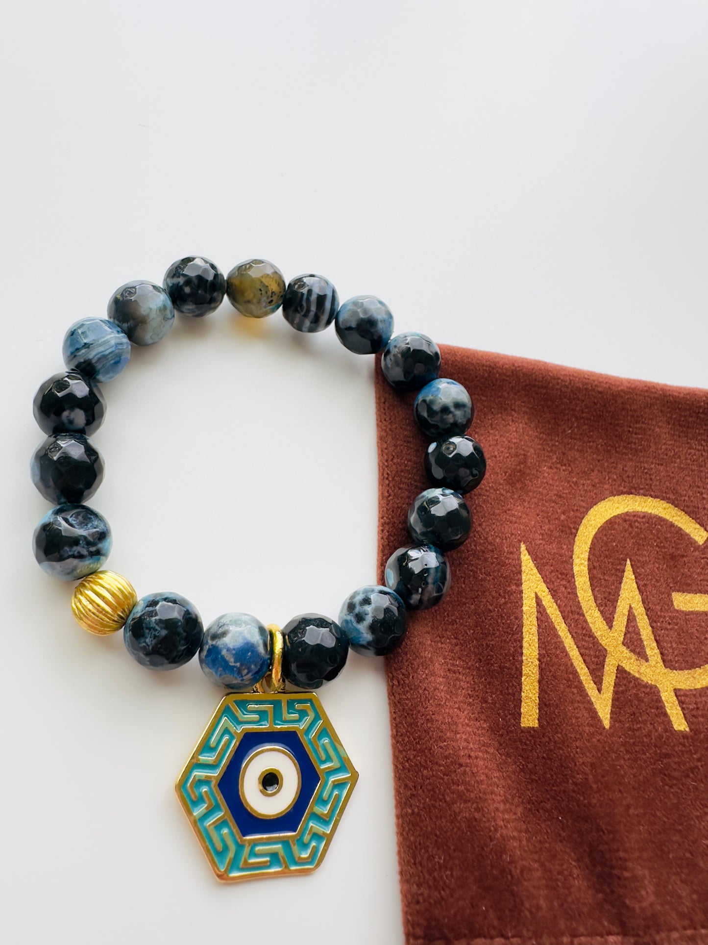 Faceted Blue Agate With Plated 18k gold charm