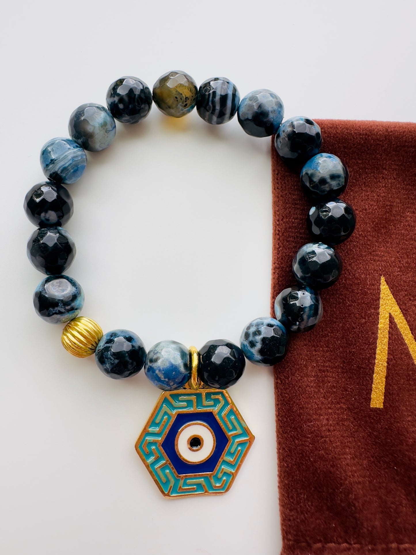 Faceted Blue Agate With Plated 18k gold charm