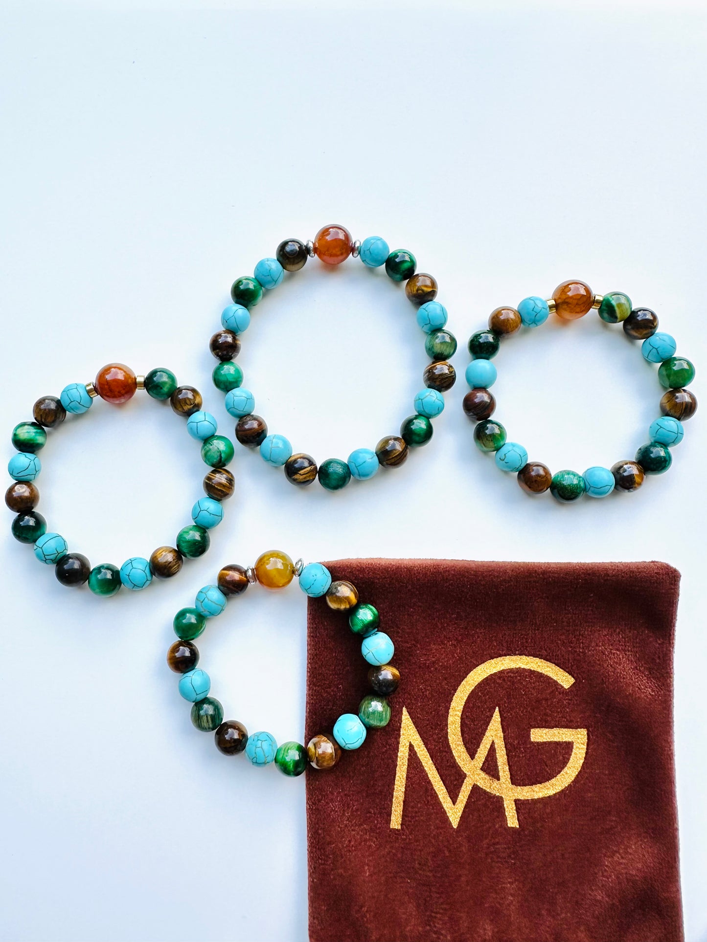 Family Eye Color Gemstone Bracelet - Turquoise-Yellow Agate-Green Tiger Eye-Tiger Eye