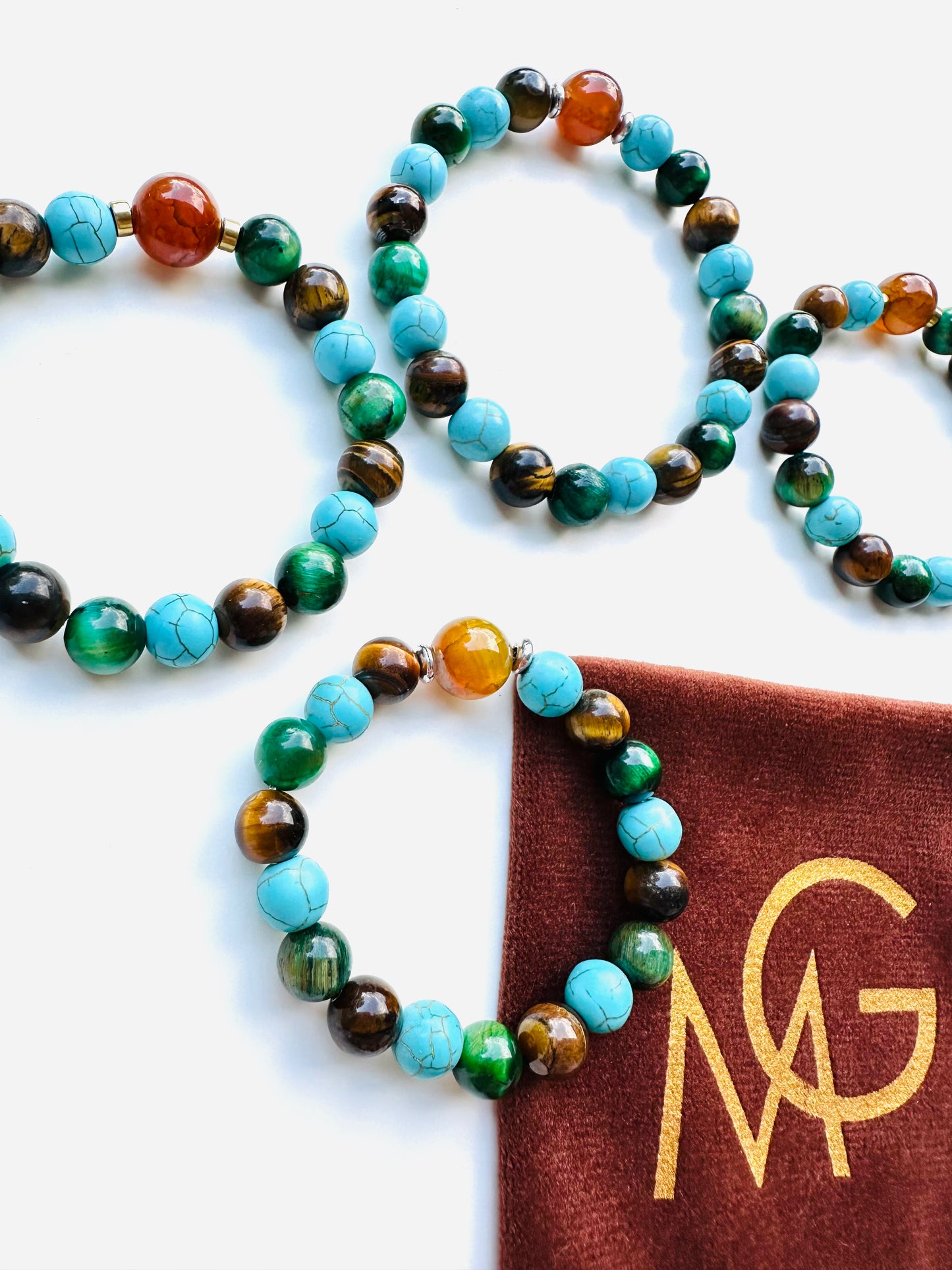 Family Eye Color Gemstone Bracelet - Turquoise-Yellow Agate-Green Tiger Eye-Tiger Eye