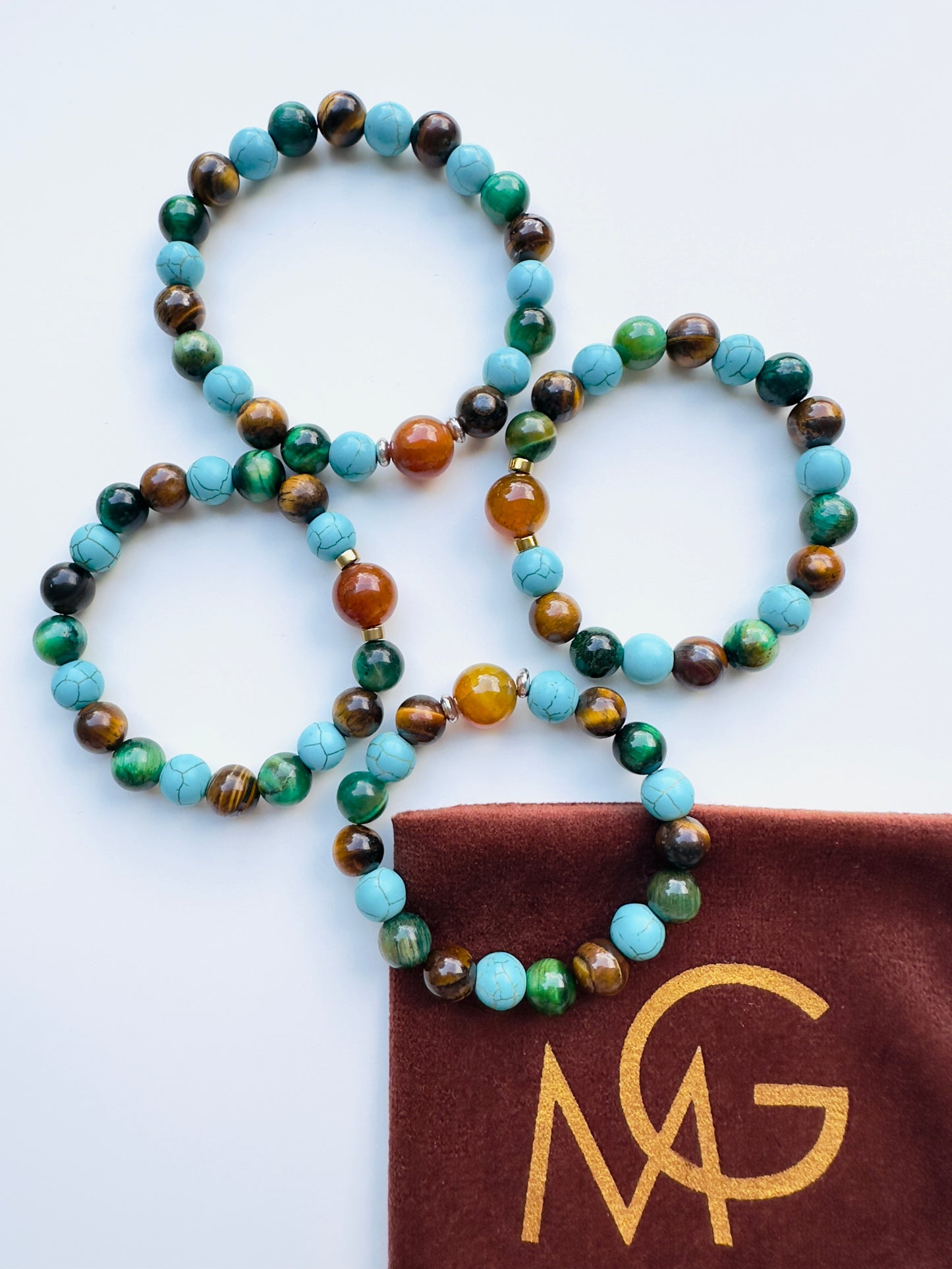 Family Eye Color Gemstone Bracelet - Turquoise-Yellow Agate-Green Tiger Eye-Tiger Eye