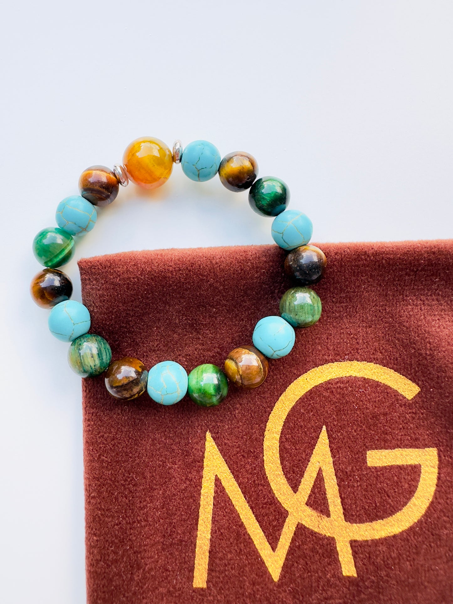 Family Eye Color Gemstone Bracelet - Turquoise-Yellow Agate-Green Tiger Eye-Tiger Eye
