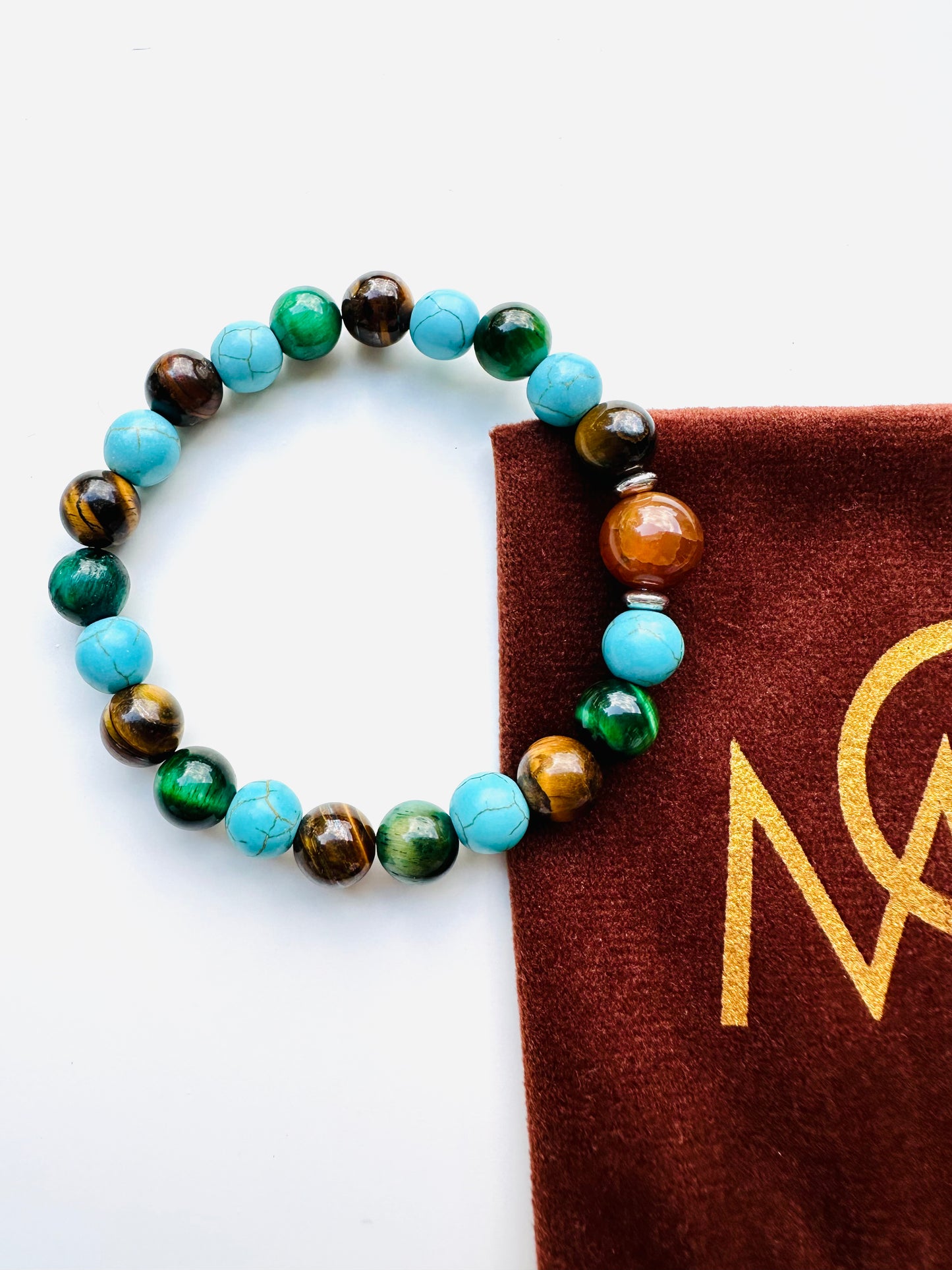 Family Eye Color Gemstone Bracelet - Turquoise-Yellow Agate-Green Tiger Eye-Tiger Eye