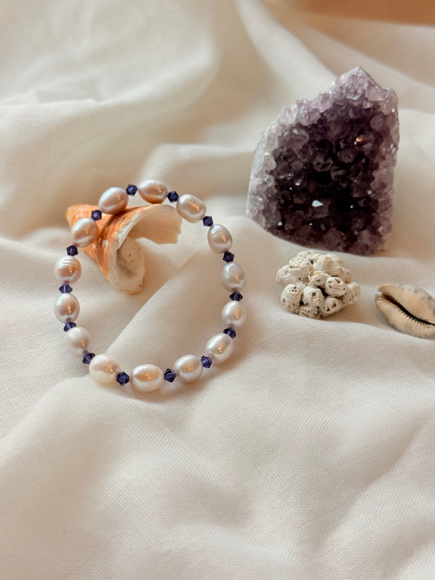 Natural Pearl Bracelet with Purple Swarovski Spacers