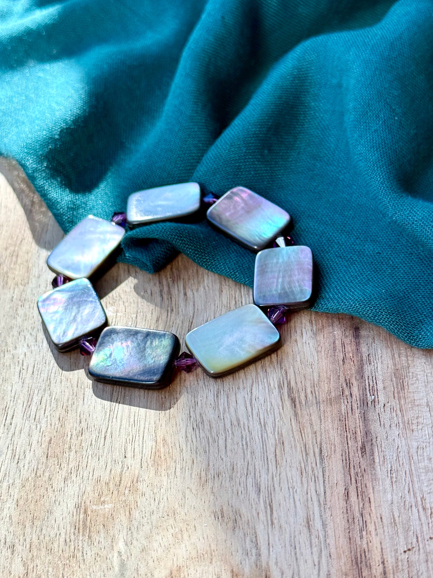 Natural River Shell Bracelet with Purple Swarovski Spacers