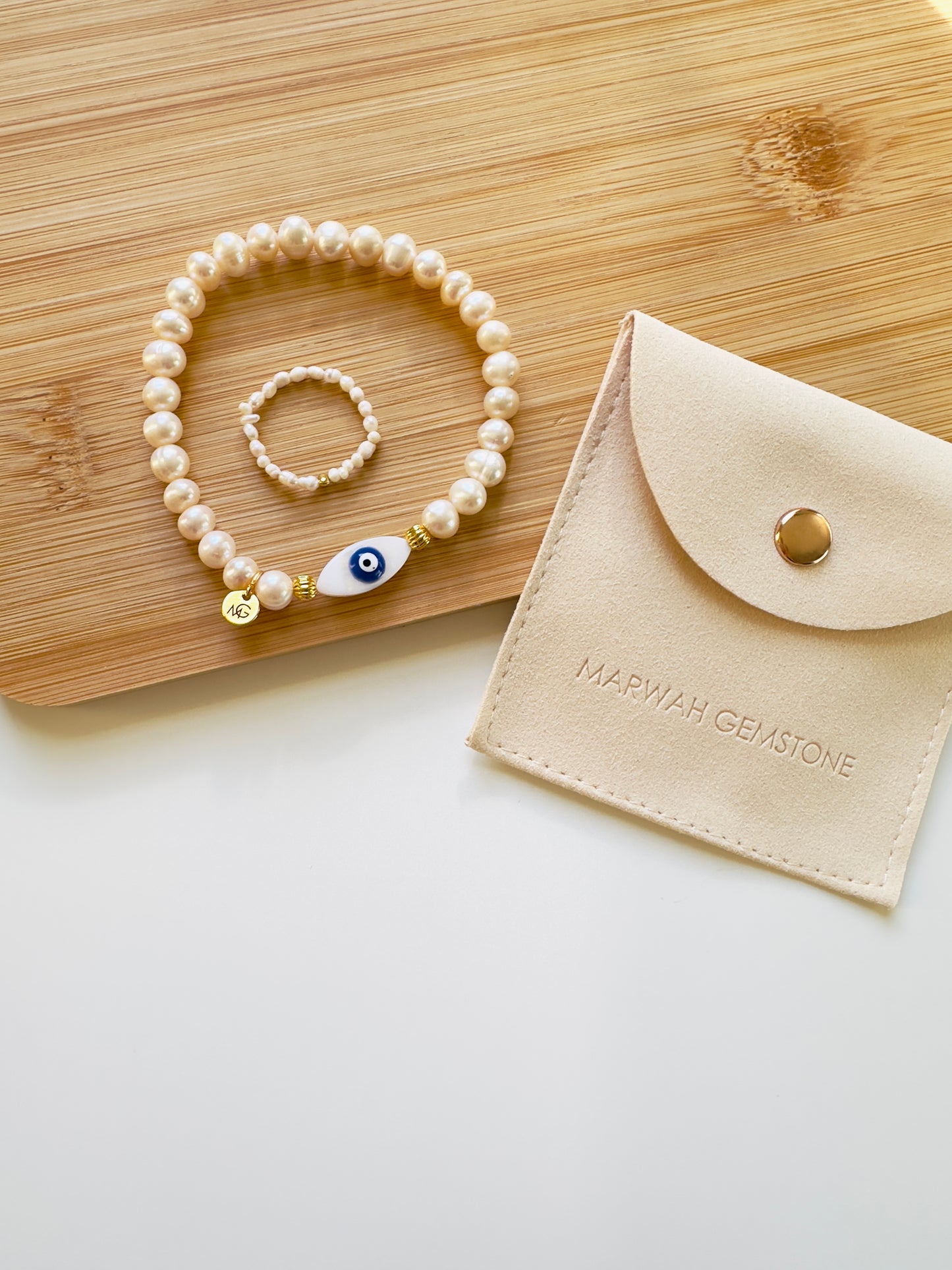 Pearl-Shell Blue Eye Charm Bracelet + Ring Set