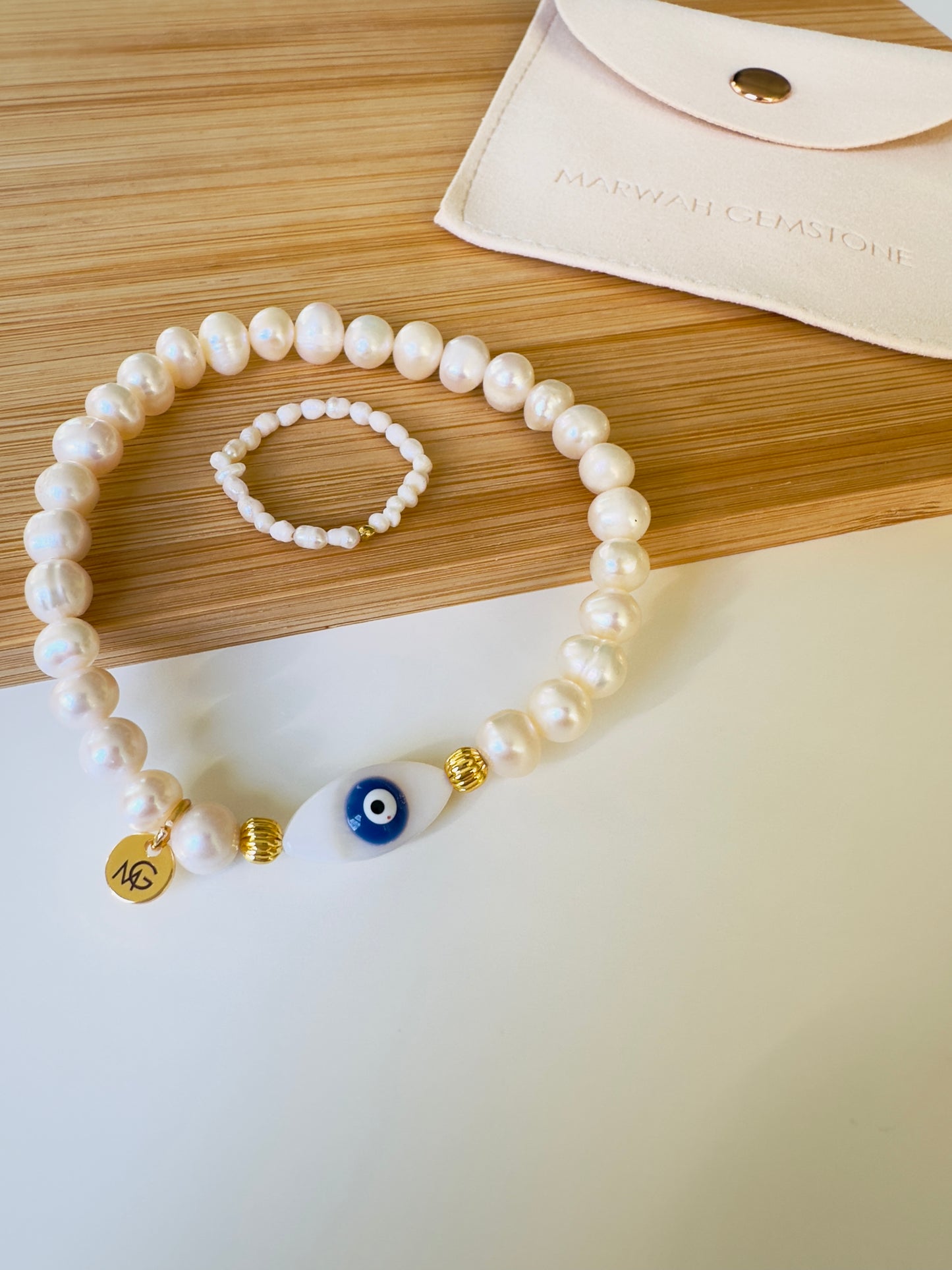 Pearl-Shell Blue Eye Charm Bracelet + Ring Set
