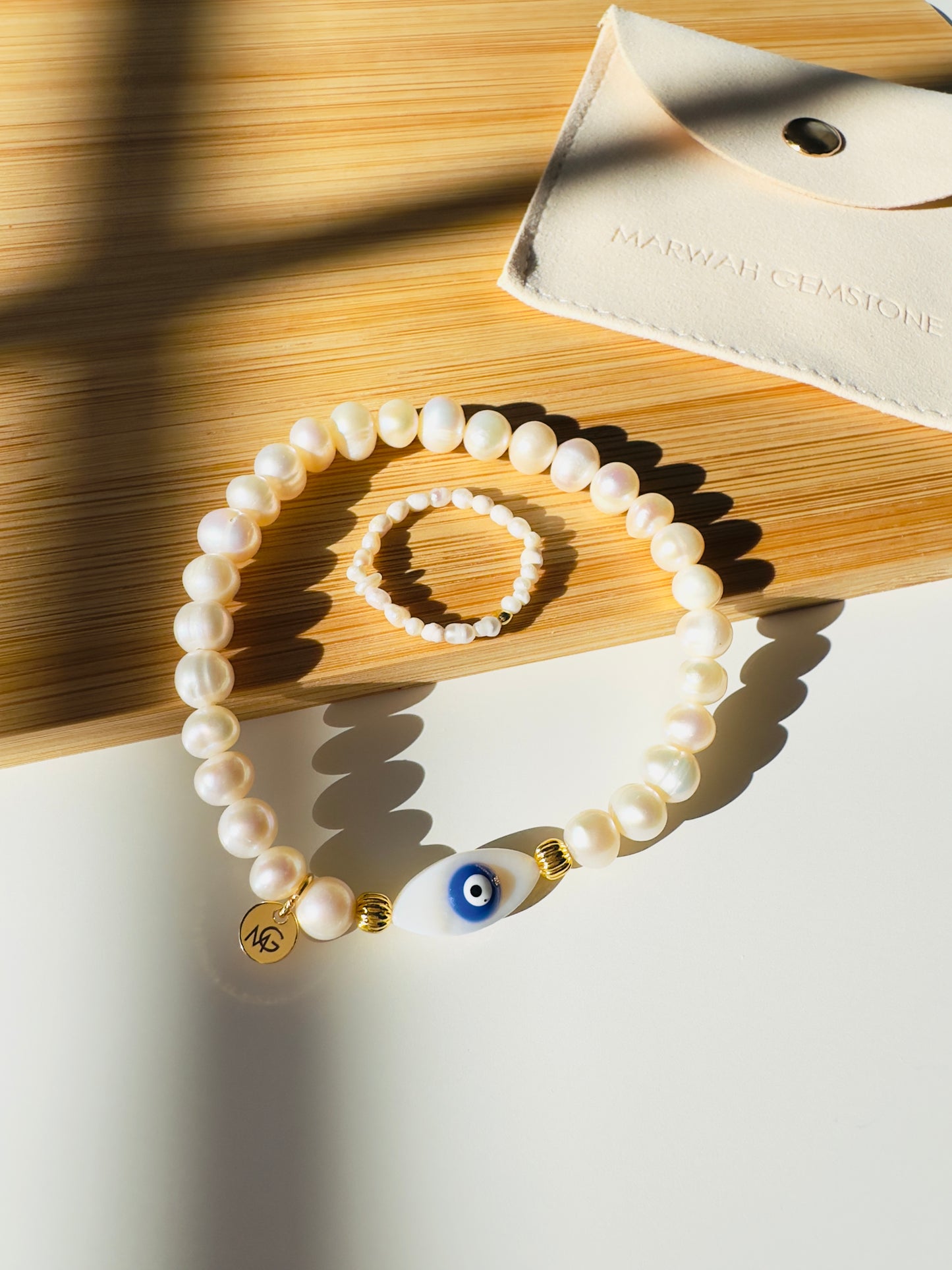 Pearl-Shell Blue Eye Charm Bracelet + Ring Set