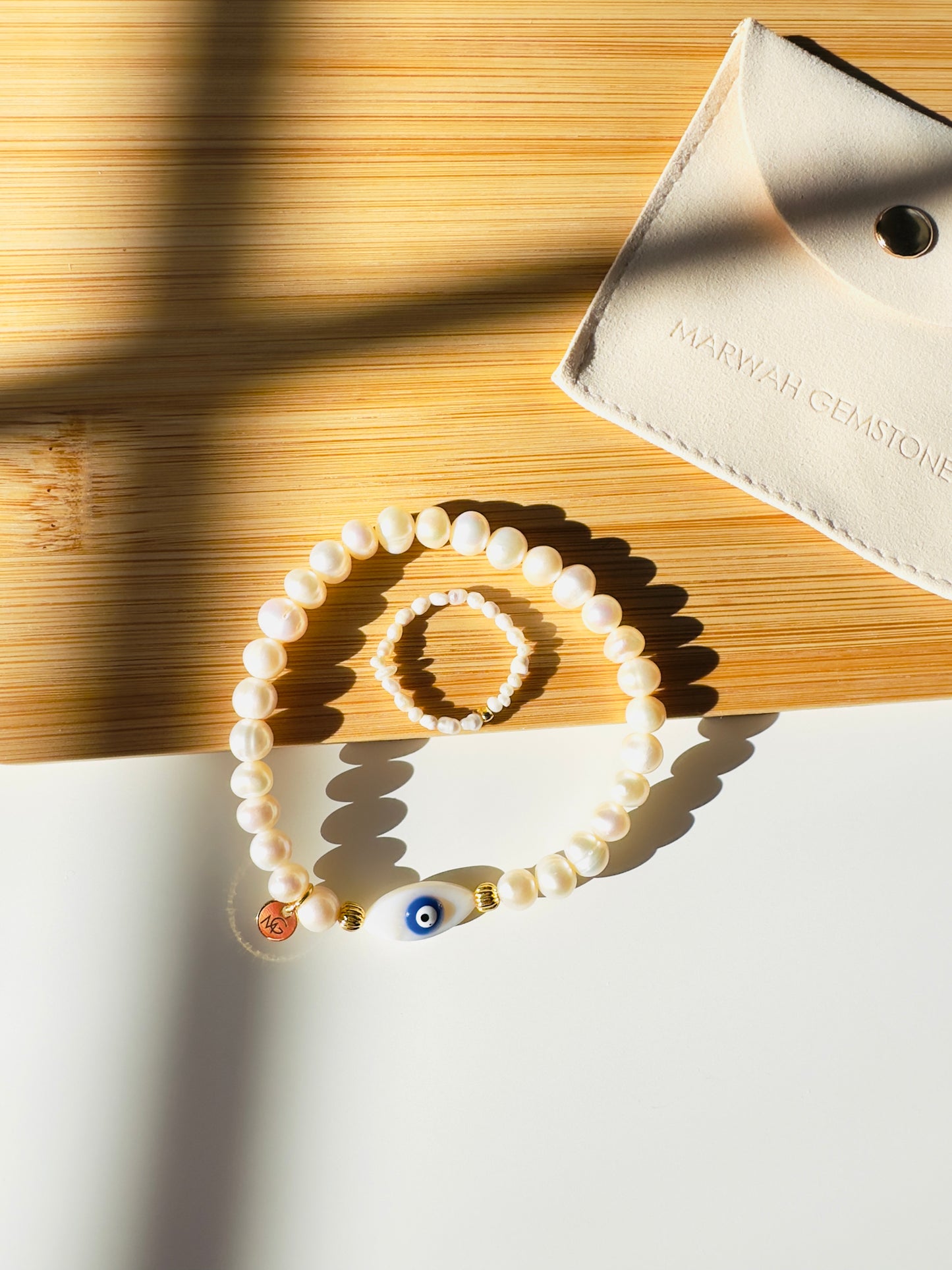 Pearl-Shell Blue Eye Charm Bracelet + Ring Set