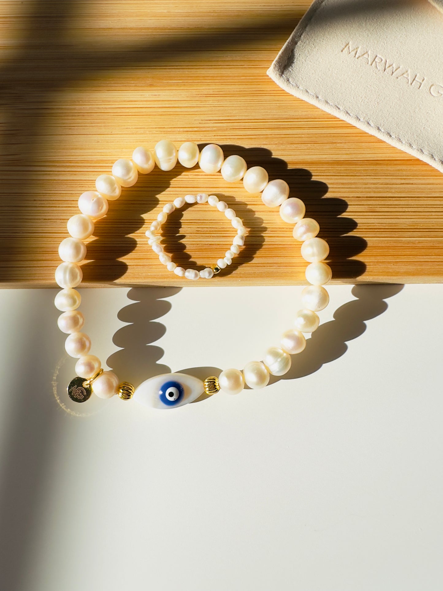 Natural Pearl - Shell Blue Eye Charm Bracelet + Ring Set