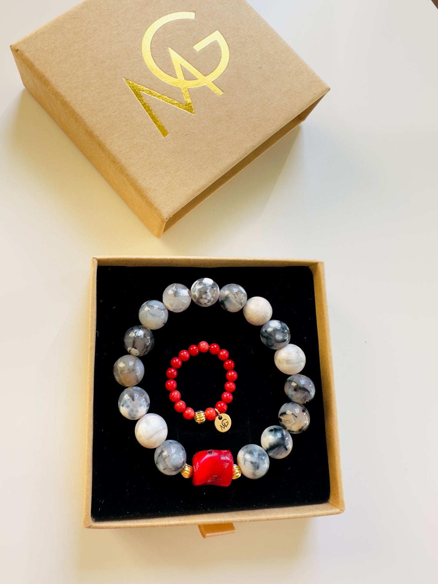 سوار من العقيق الشجري النادر مع المرجان الحقيقي طقم مع محبس مرجان