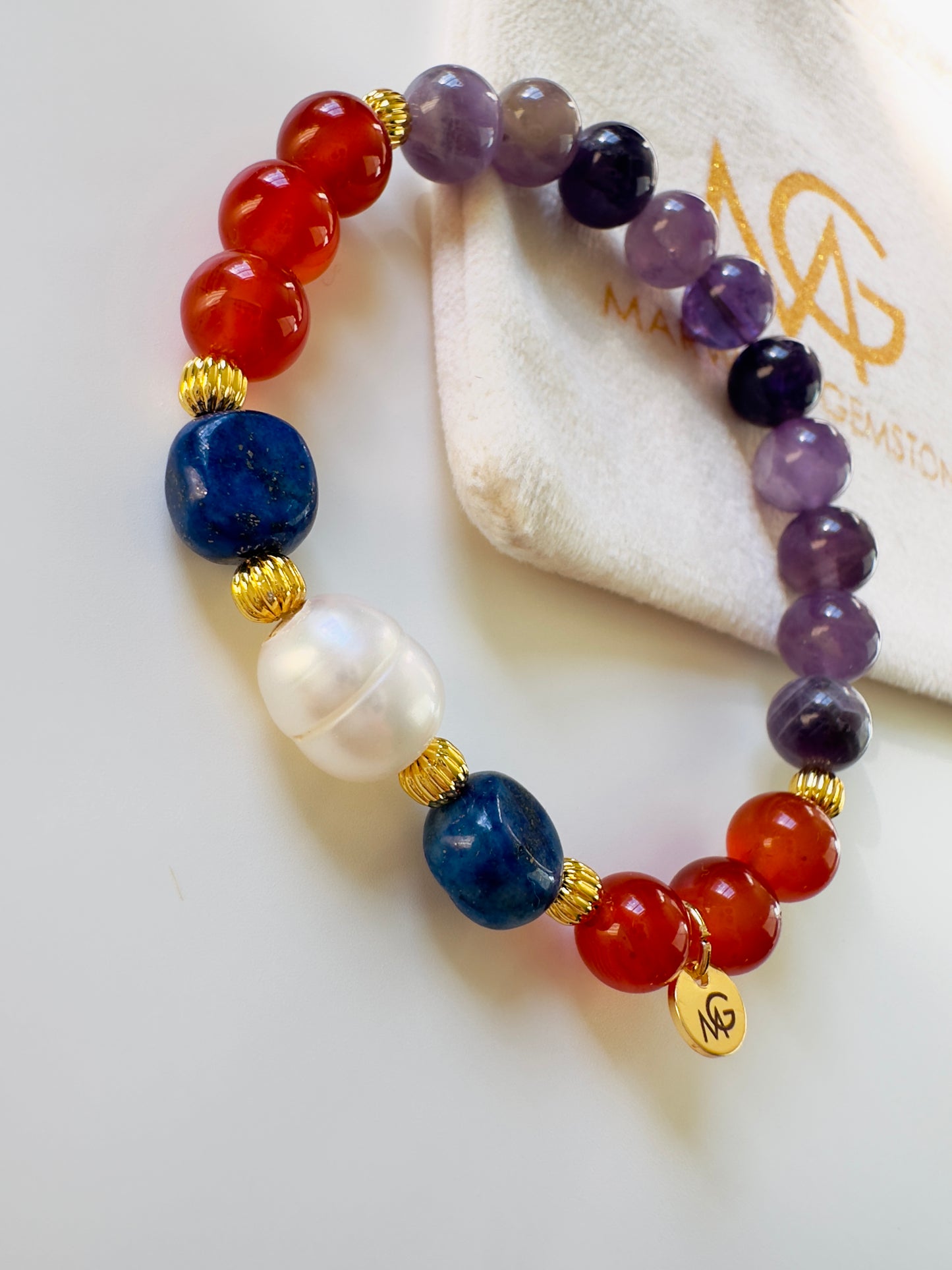 Amethyst - Red Agate - Lapis Lazuli - Natural Freshwater Pearl Bracelet