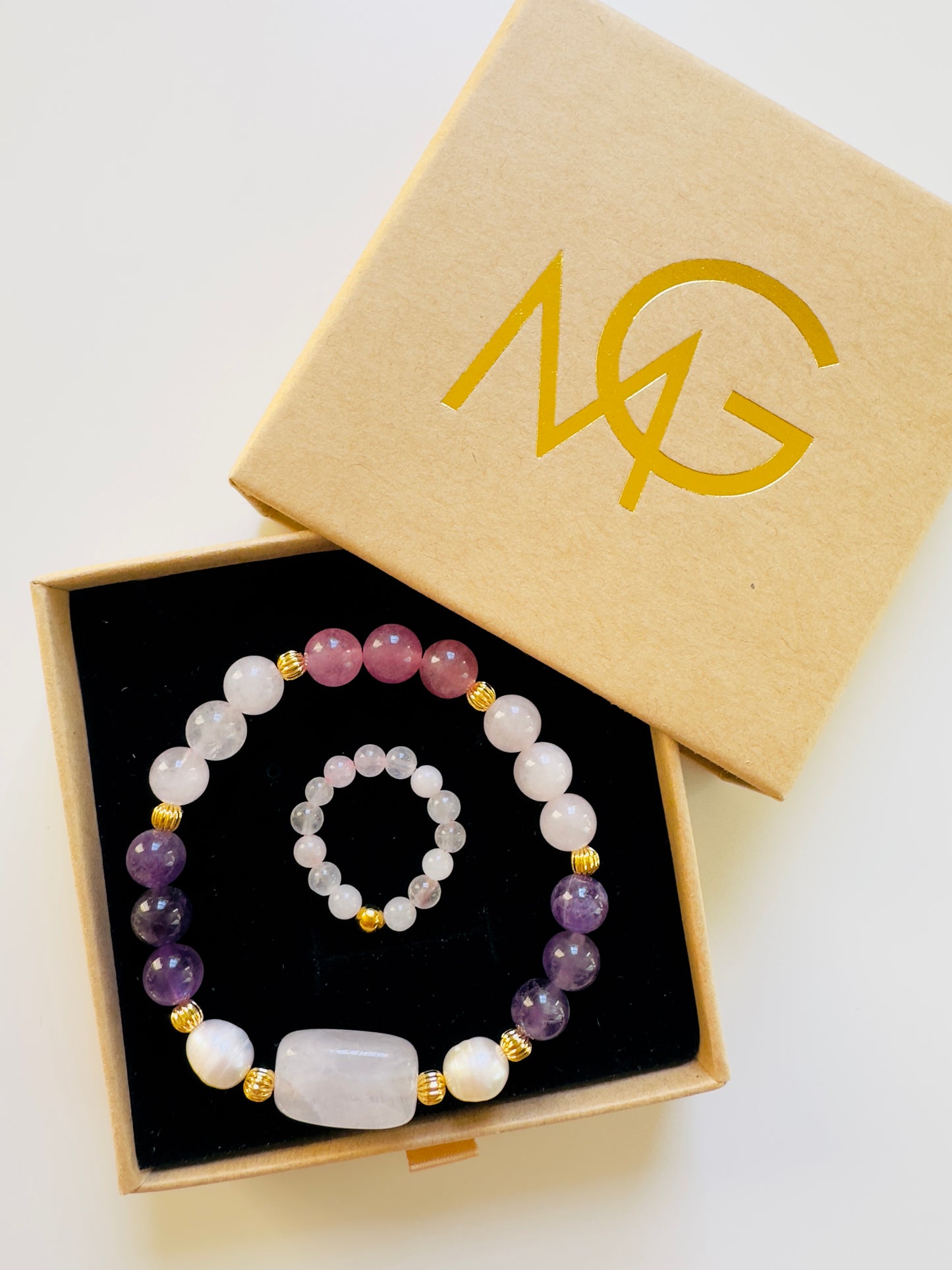 Rose Quartz-Amethyst-Strawberry Quartz- Natural Freshwater Pearl Bracelet + Rose Quartz Ring Set