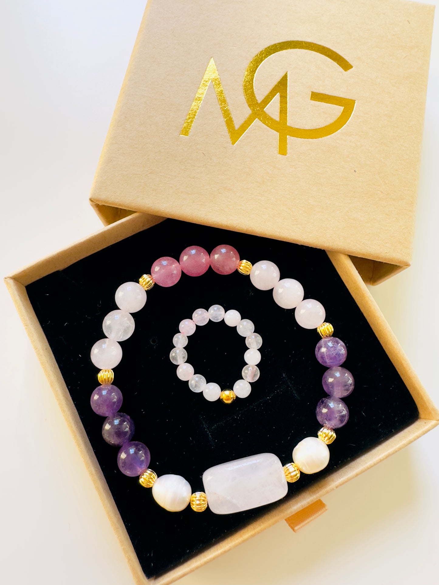 Rose Quartz-Amethyst-Strawberry Quartz- Natural Freshwater Pearl Bracelet + Rose Quartz Ring Set