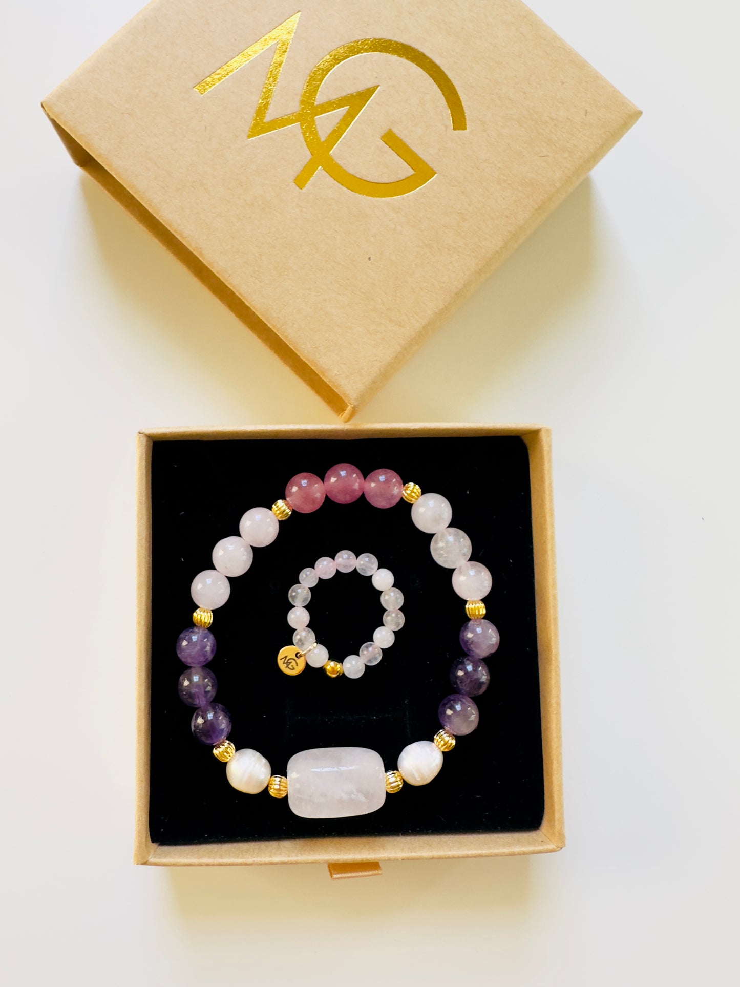 Rose Quartz-Amethyst-Strawberry Quartz- Natural Freshwater Pearl Bracelet + Rose Quartz Ring Set