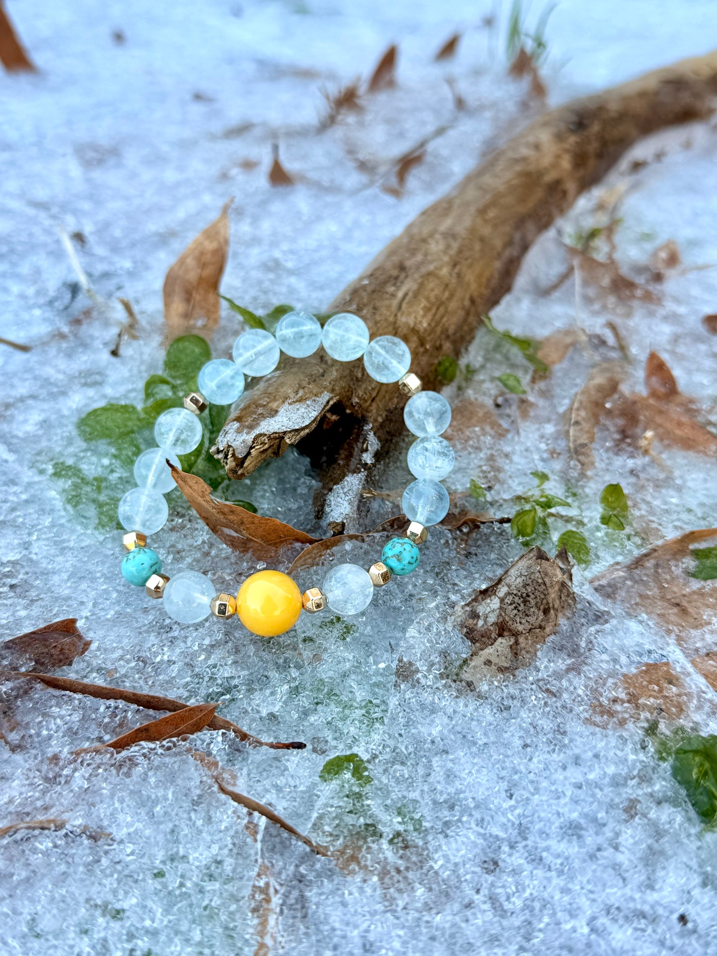 High Quality Aquamarine - Turquoise - Yellow Amber Bracelet with Hematite Bracelet