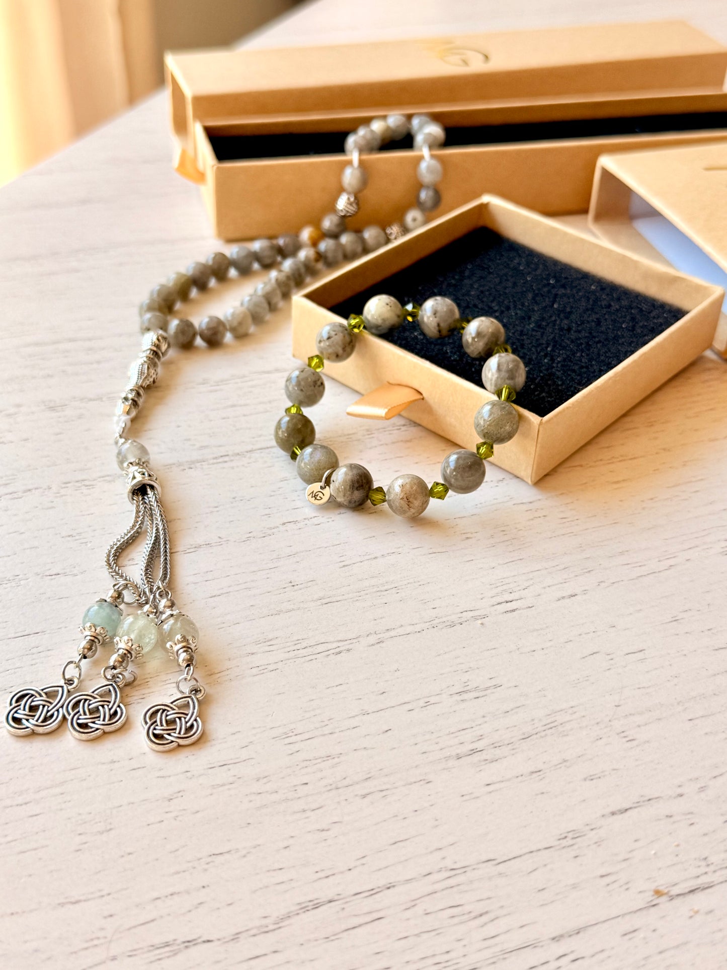 Labradorite Misbaha + Bracelet Set with Swarovski Spacers
