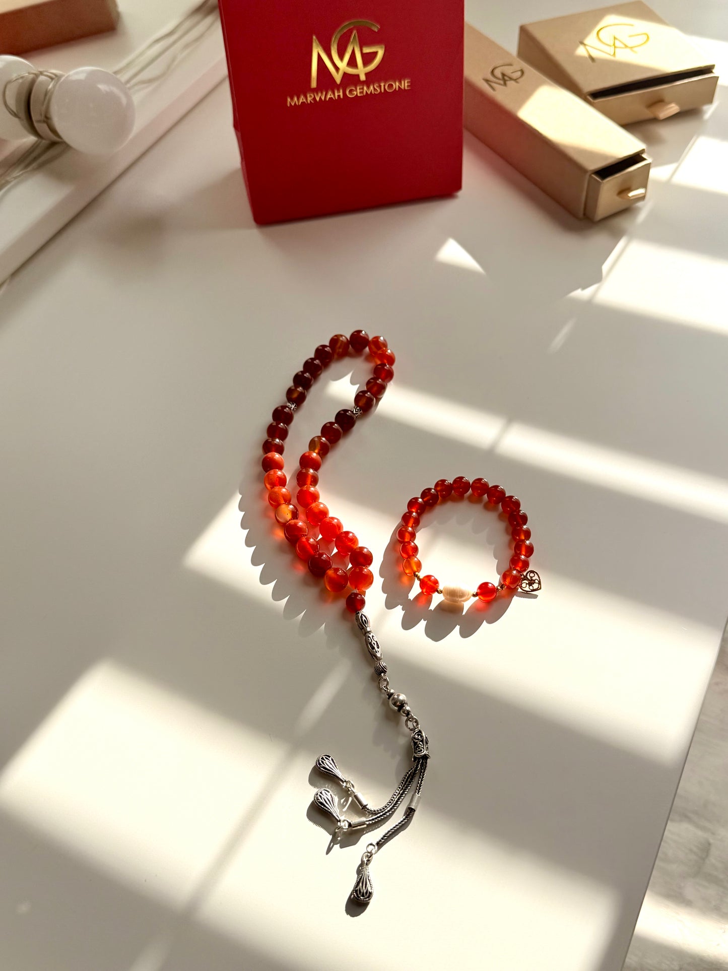 Red Agate Misbaha with Silver 925 + Carnelian - Natural Pearl Bracelet with Gold 21-K Set