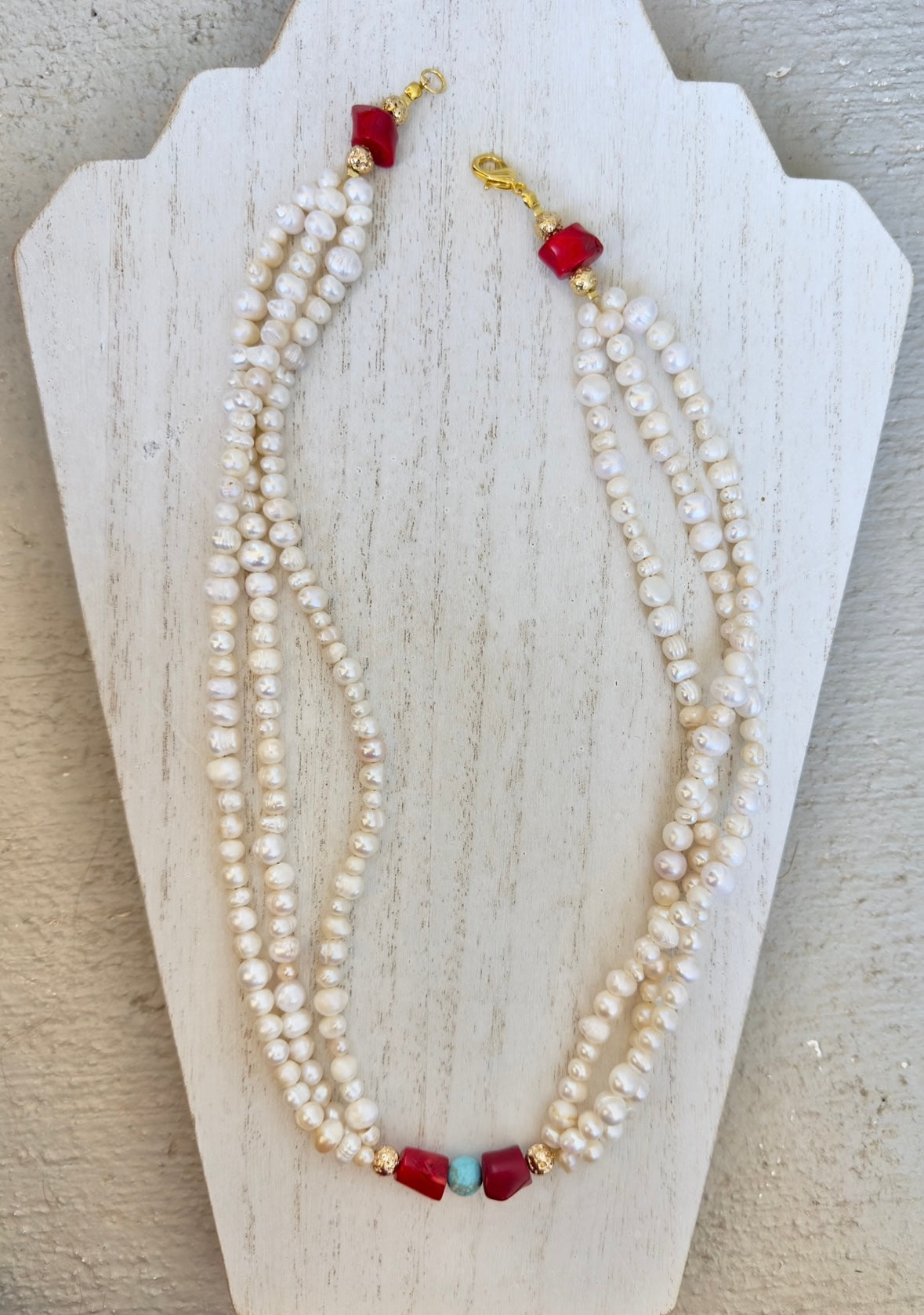 Natural Freshwater Pearls - Coral - Turquoise Three-Lined Necklace
