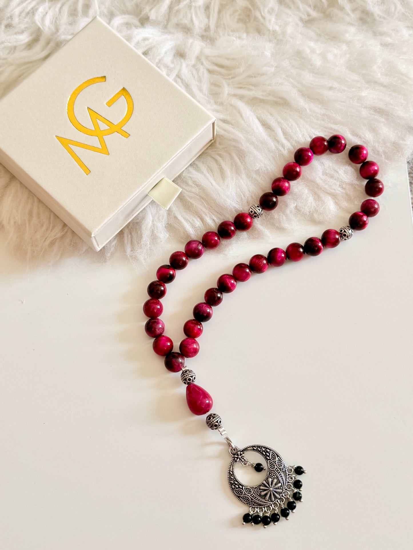 33-Bead Pink Tiger Eye - Black Agate Misbaha