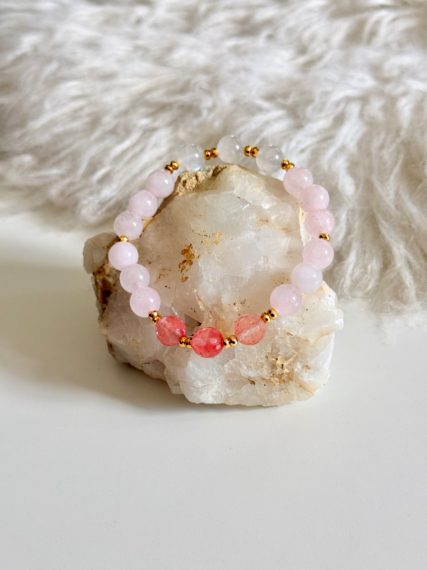 Strawberry Quartz - Rose Quartz - Moonstone Bracelet