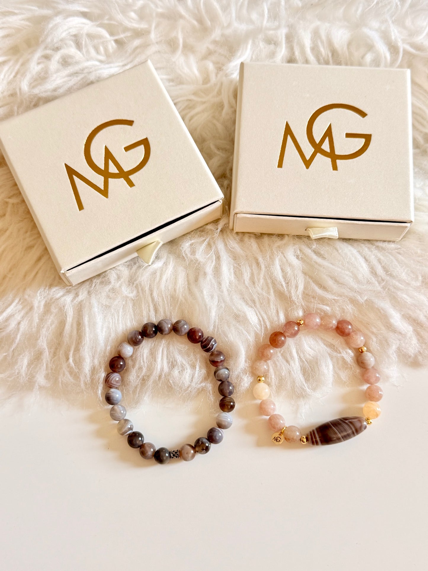 Grey Agate - Strawberry Quartz Man + Woman Bracelet Set