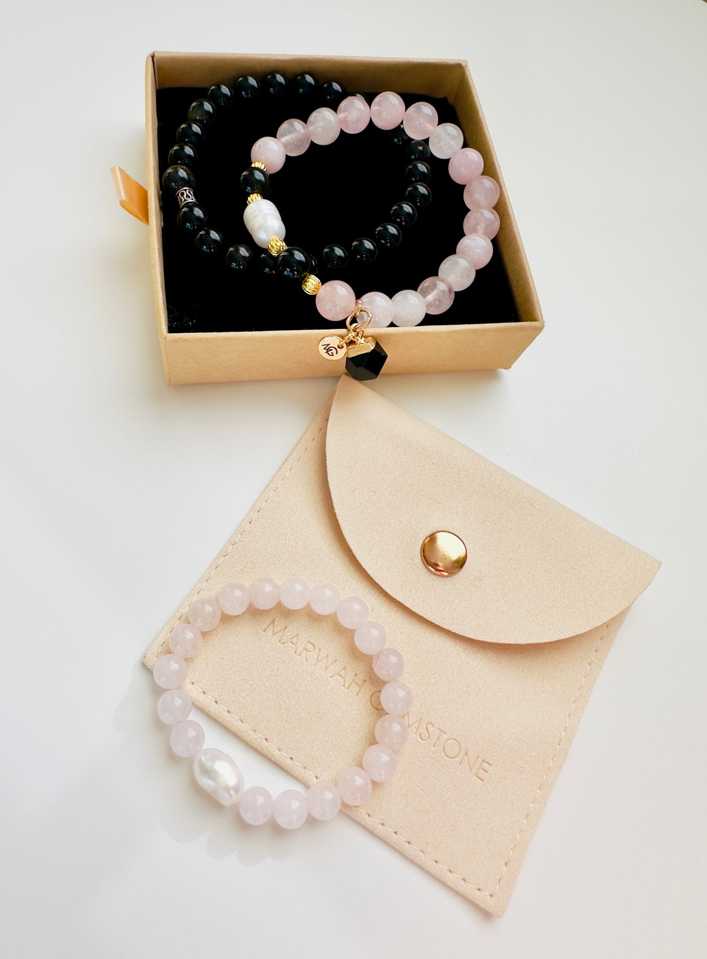 Rose Quartz-Black Obsidian Family Bracelet Set