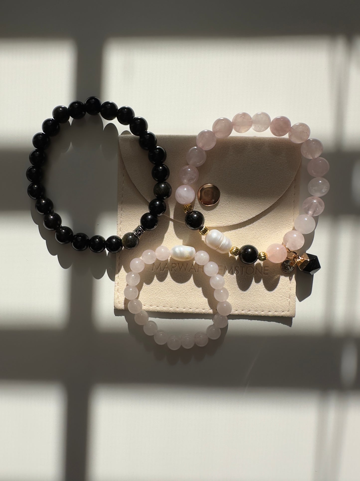 Rose Quartz-Black Obsidian Family Bracelet Set
