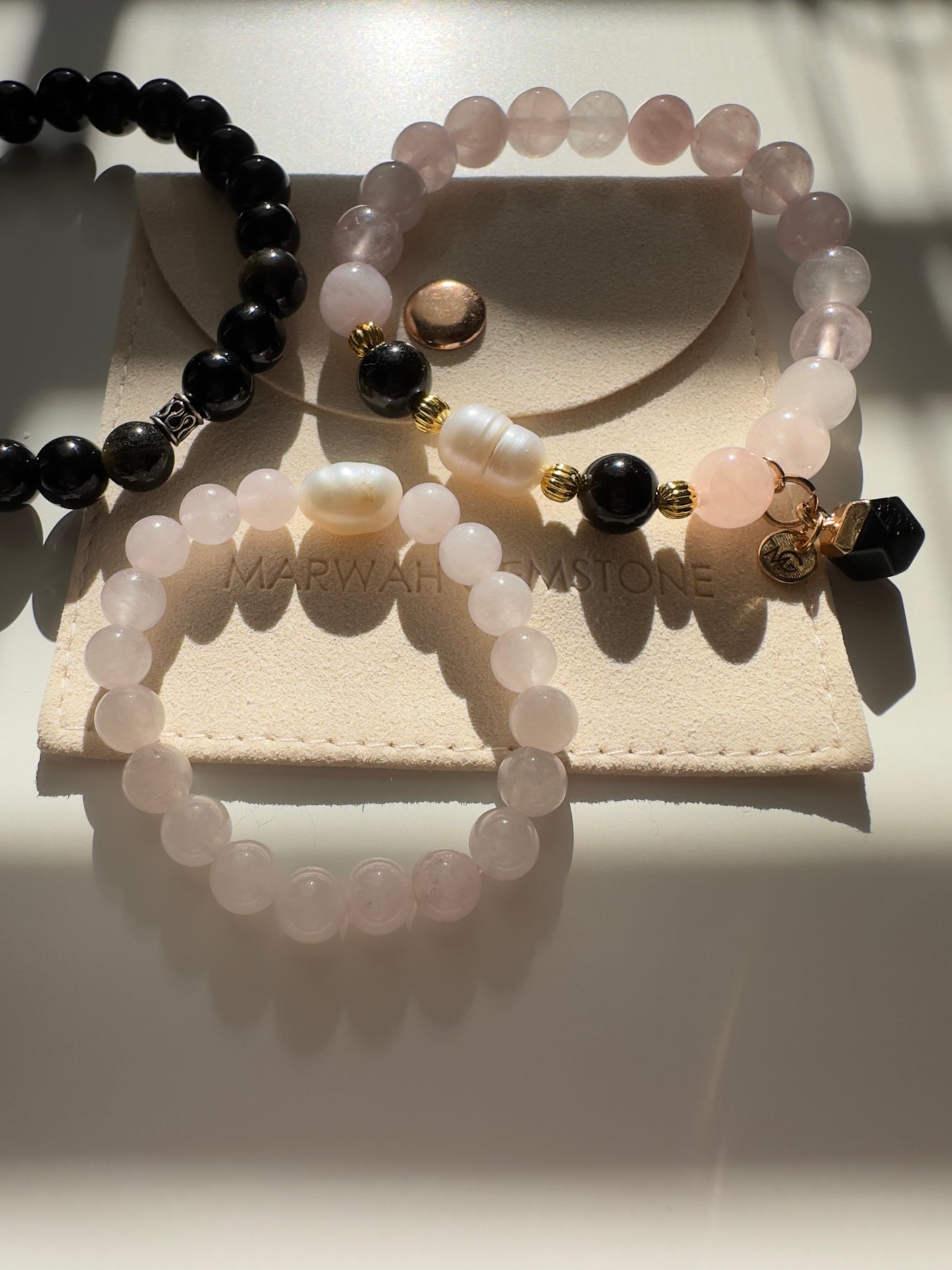 Rose Quartz-Black Obsidian Family Bracelet Set