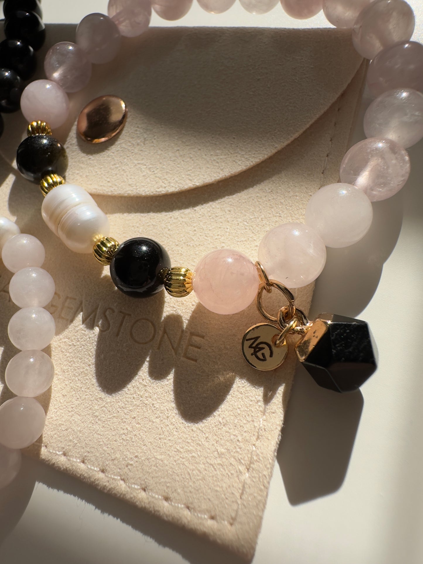Rose Quartz-Black Obsidian Family Bracelet Set