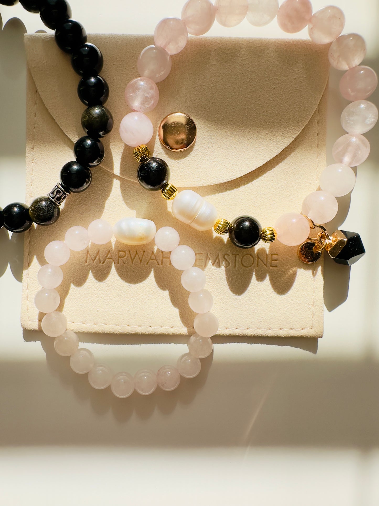 Rose Quartz-Black Obsidian Family Bracelet Set