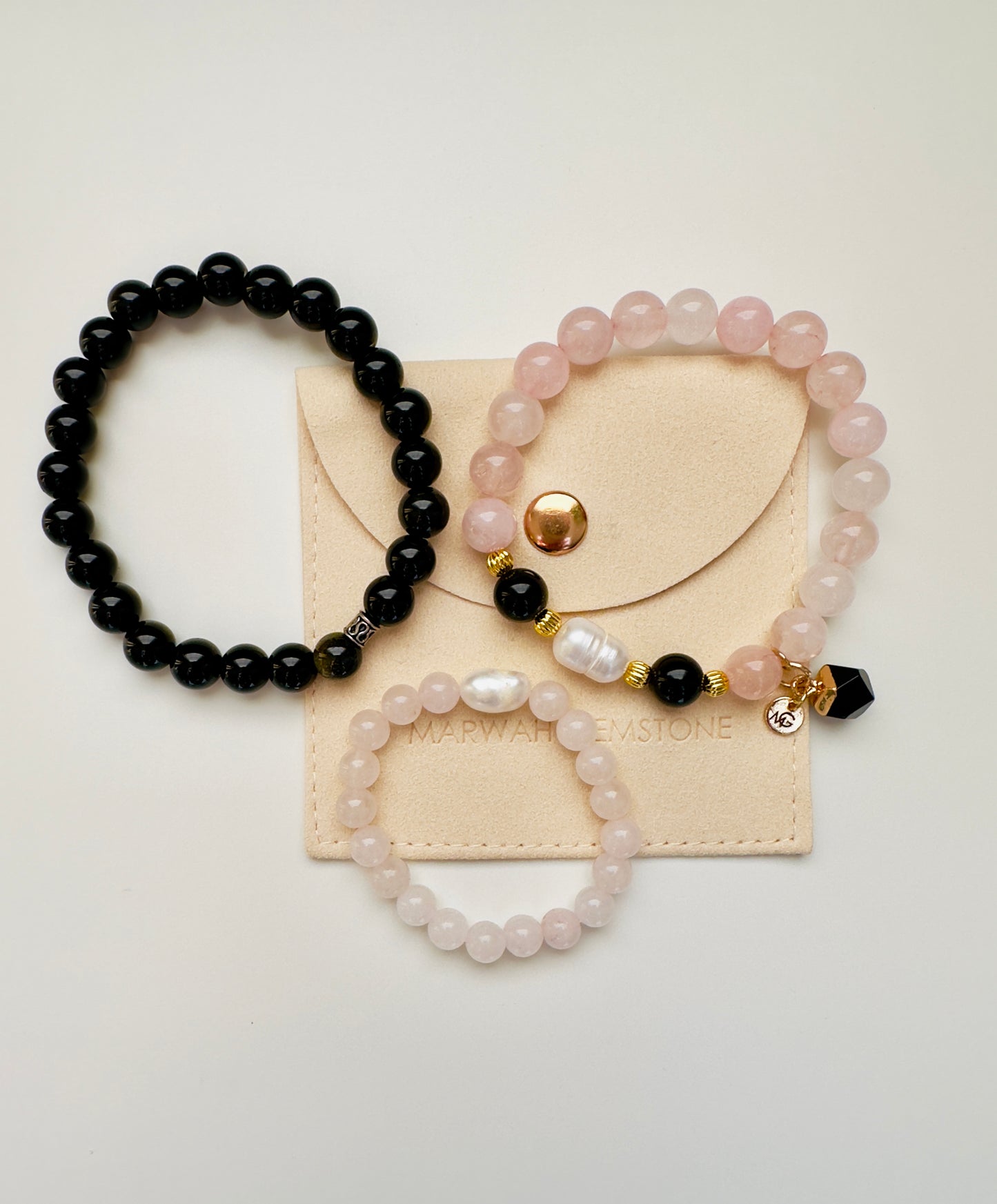 Rose Quartz-Black Obsidian Family Bracelet Set