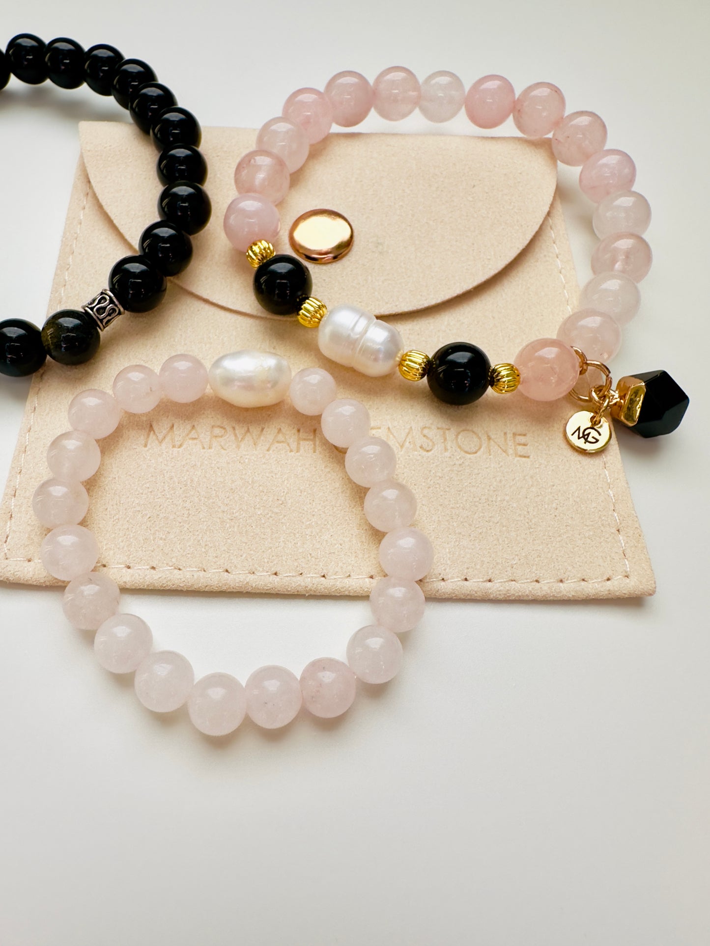 Rose Quartz-Black Obsidian Family Bracelet Set