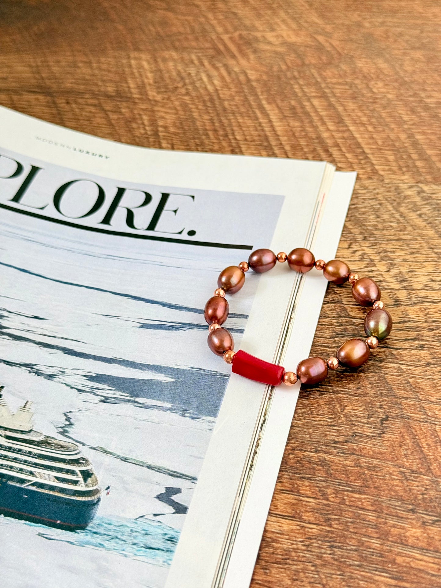 Brown Pearl - Natural Coral Bracelet and Ring with Copper Spacers (SOLD OUT)
