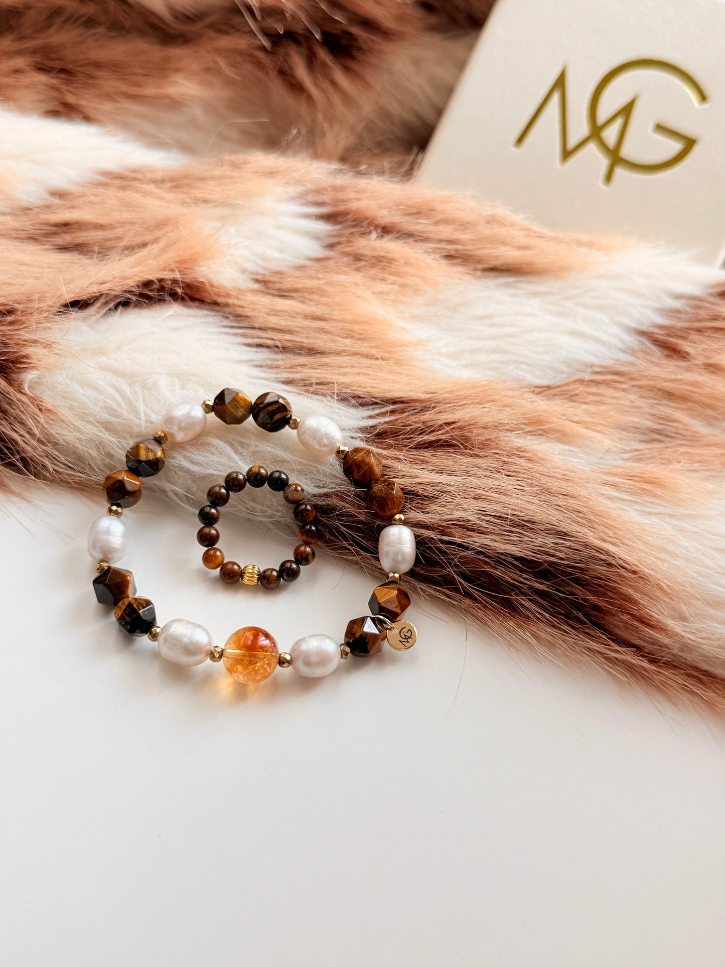 Tiger Eye - Natural Pearl - Citrine Bracelet with Ring