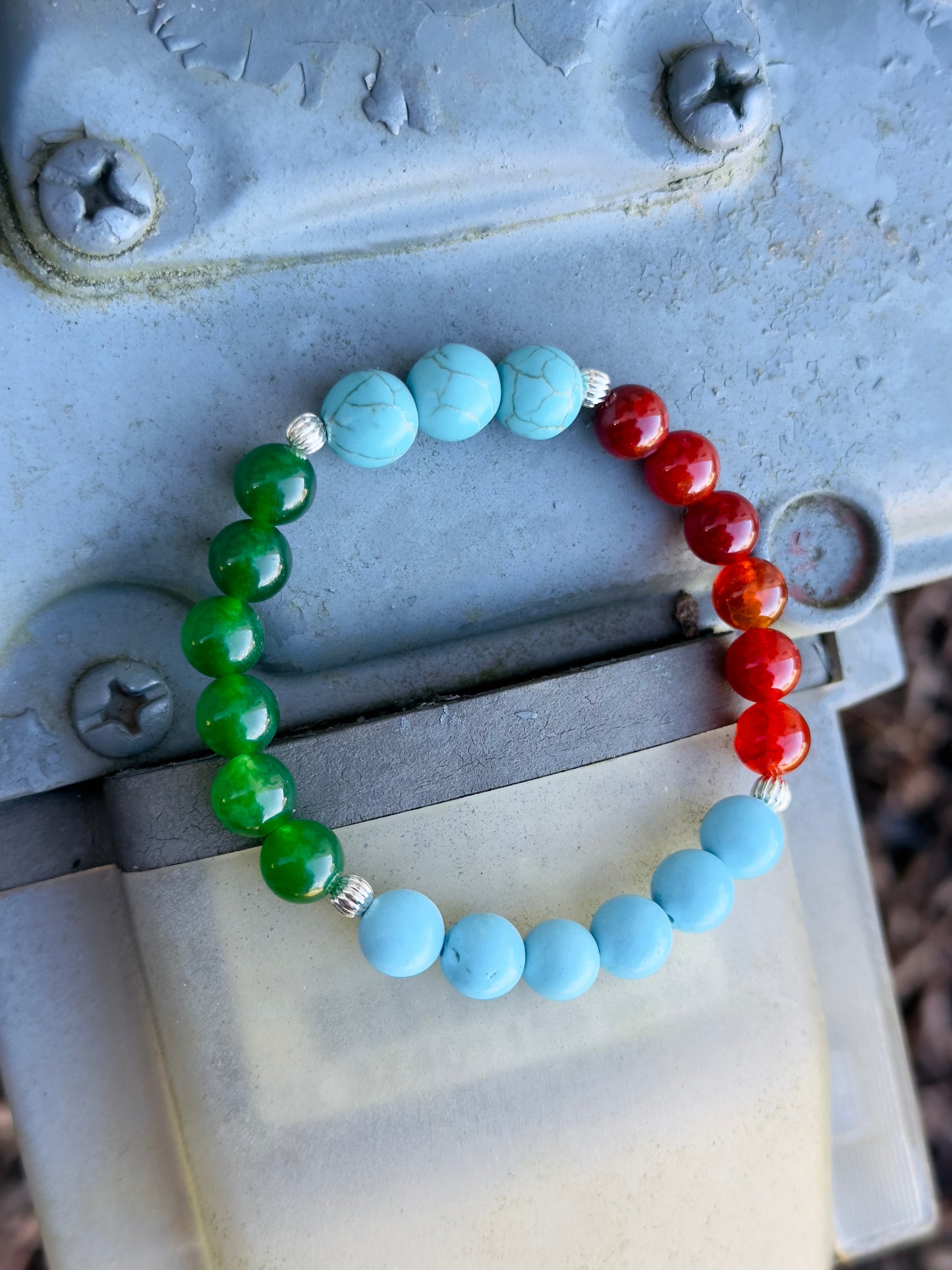 Green Jade-Turquoise-Red Agate Bracelet