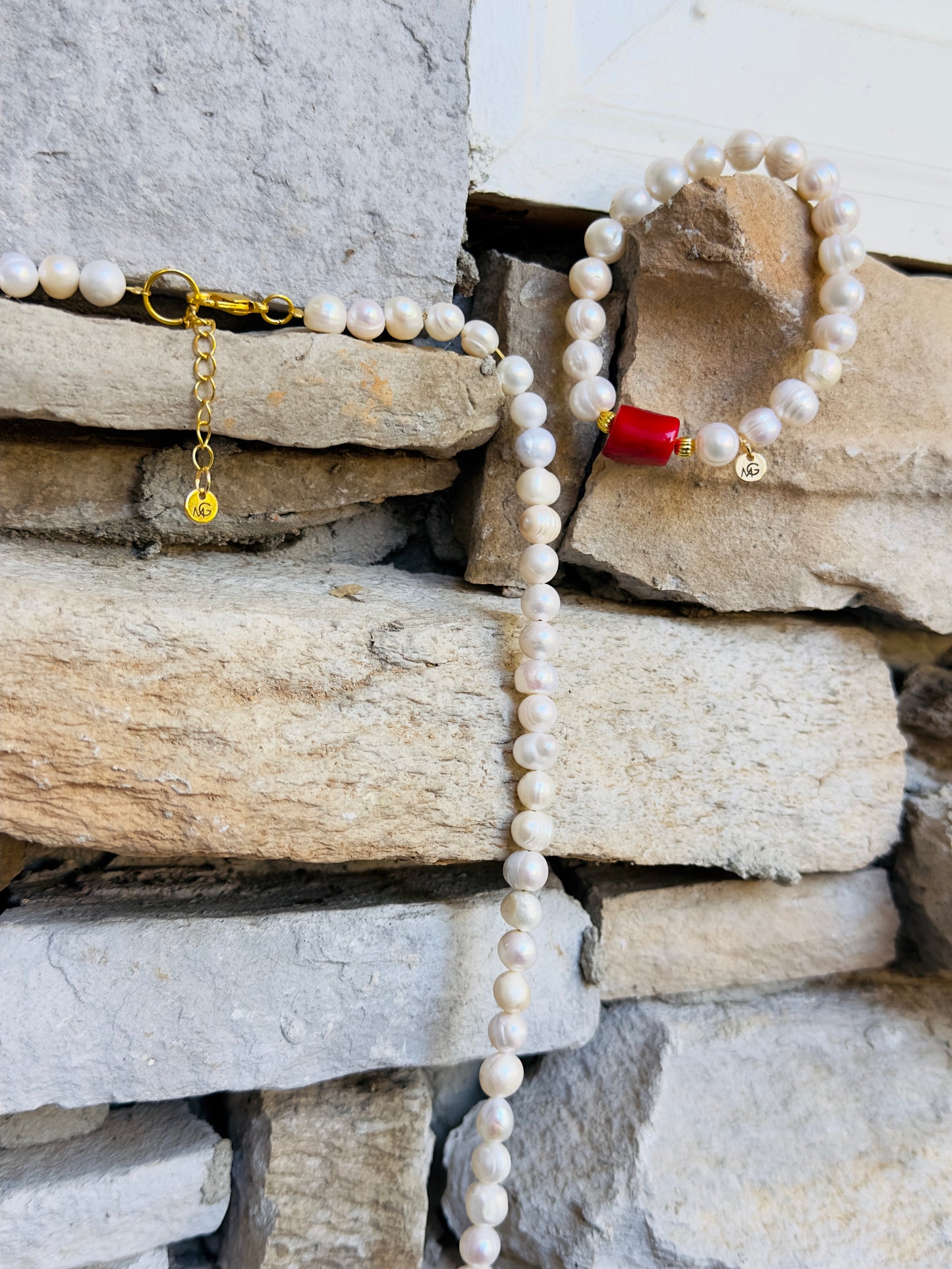 Customized Gold Plated Silver Name Pearl-Coral Necklace and Bracelet Set