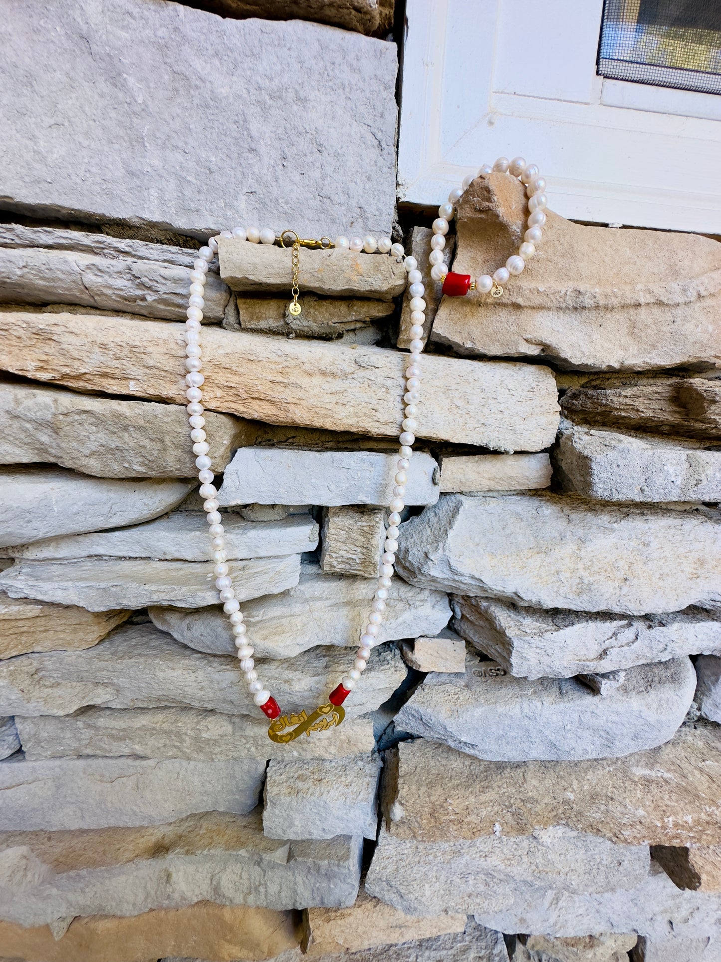 Customized Gold Plated Silver Name Pearl-Coral Necklace and Bracelet Set