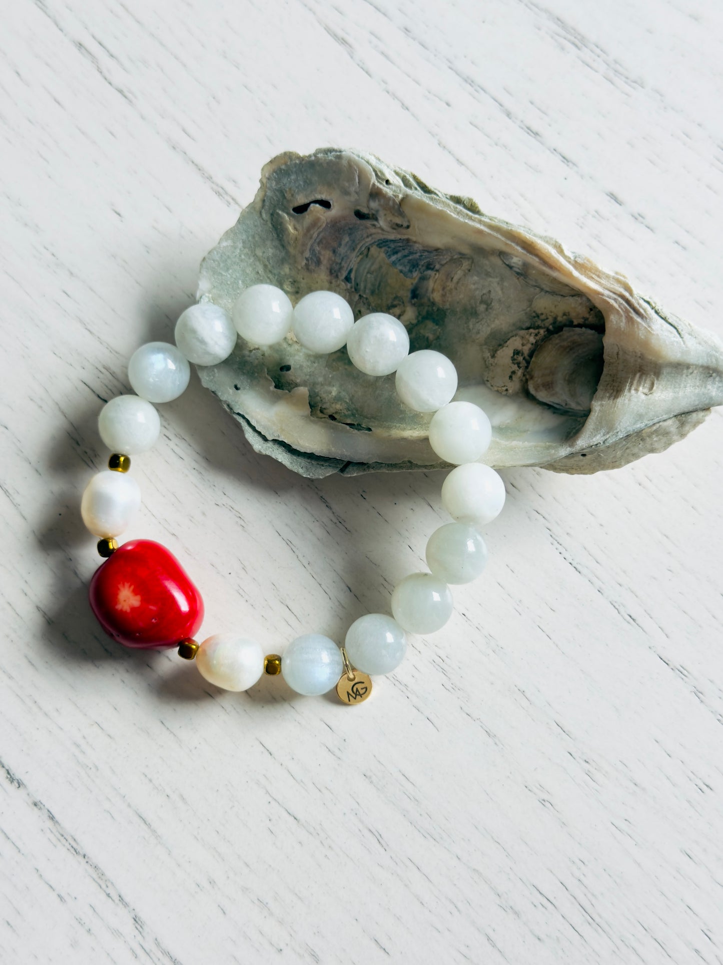 Moonstone - Natural Pearl - Raw Coral Bracelet
